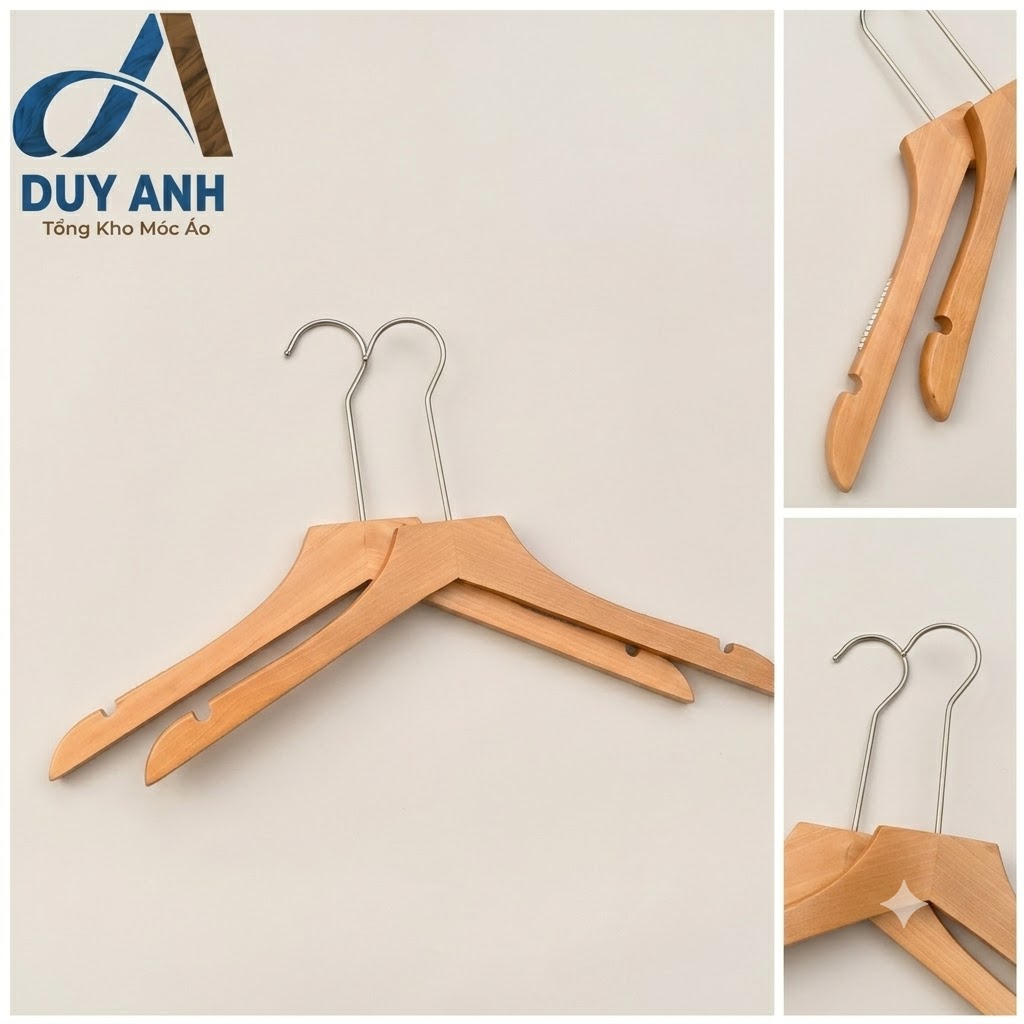 Móc Áo Gỗ Nữ - Vàng Bằng - Đầu Mạ Crom