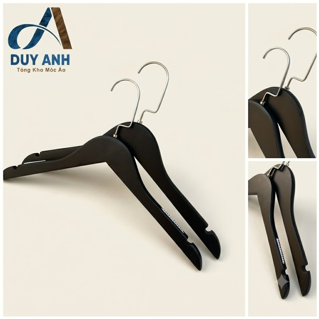 Móc Áo Gỗ Nữ - Đen Tròn - Đầu Mạ Vàng