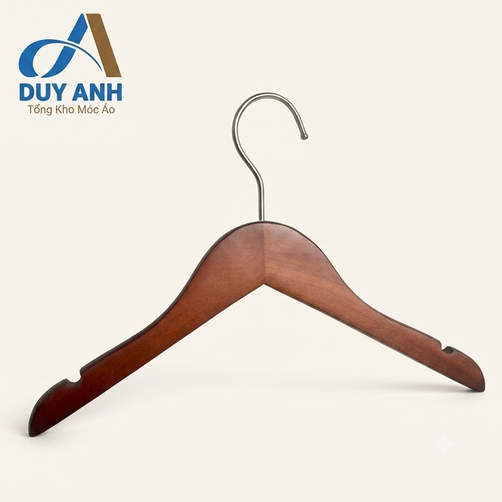 Móc Áo Gỗ Trẻ Em - Nâu Tròn - Đầu Mạ Crom ạc