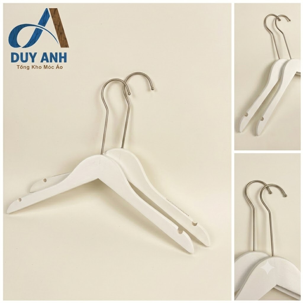 Móc Áo Gỗ Nữ - Trắng Tròn - Đầu Mạ Crom Bạc
