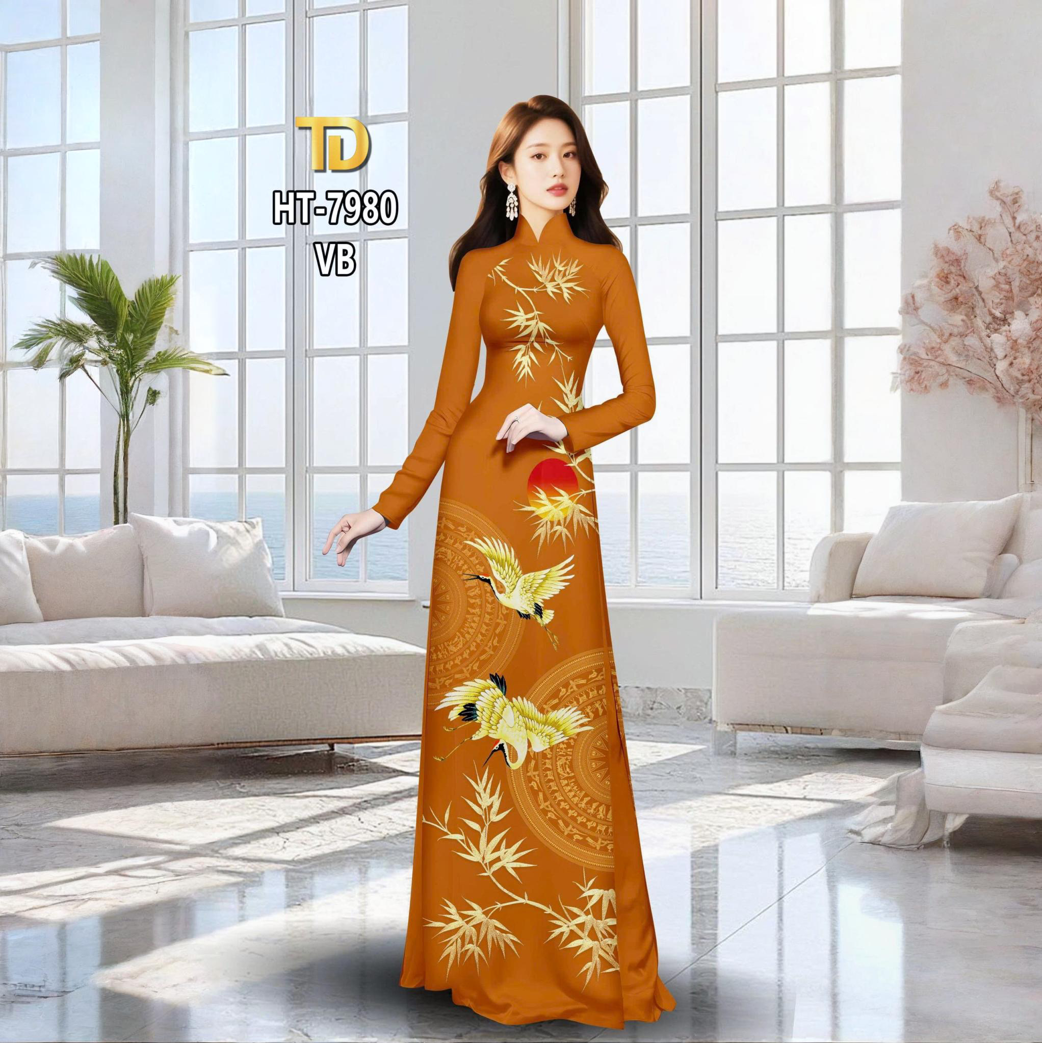 Tây Đô - Vải May Áo Dài Hoạ Tiết Con Hạt, Lá Trúc, Trống Đồng In 3D Trên Chất Liệu Lụa Tô Châu