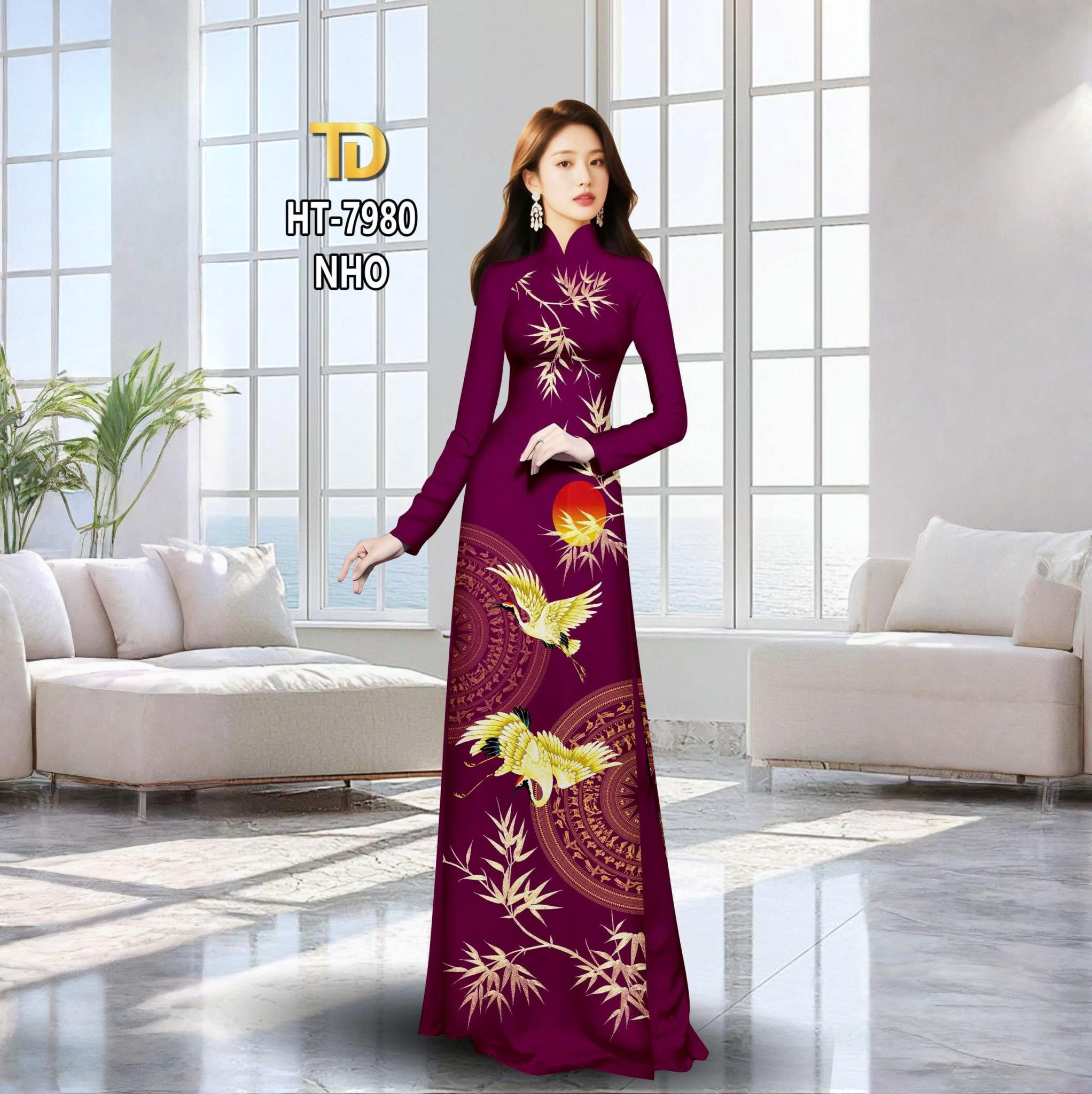 Tây Đô - Vải May Áo Dài Hoạ Tiết Con Hạt, Lá Trúc, Trống Đồng In 3D Trên Chất Liệu Lụa Tô Châu