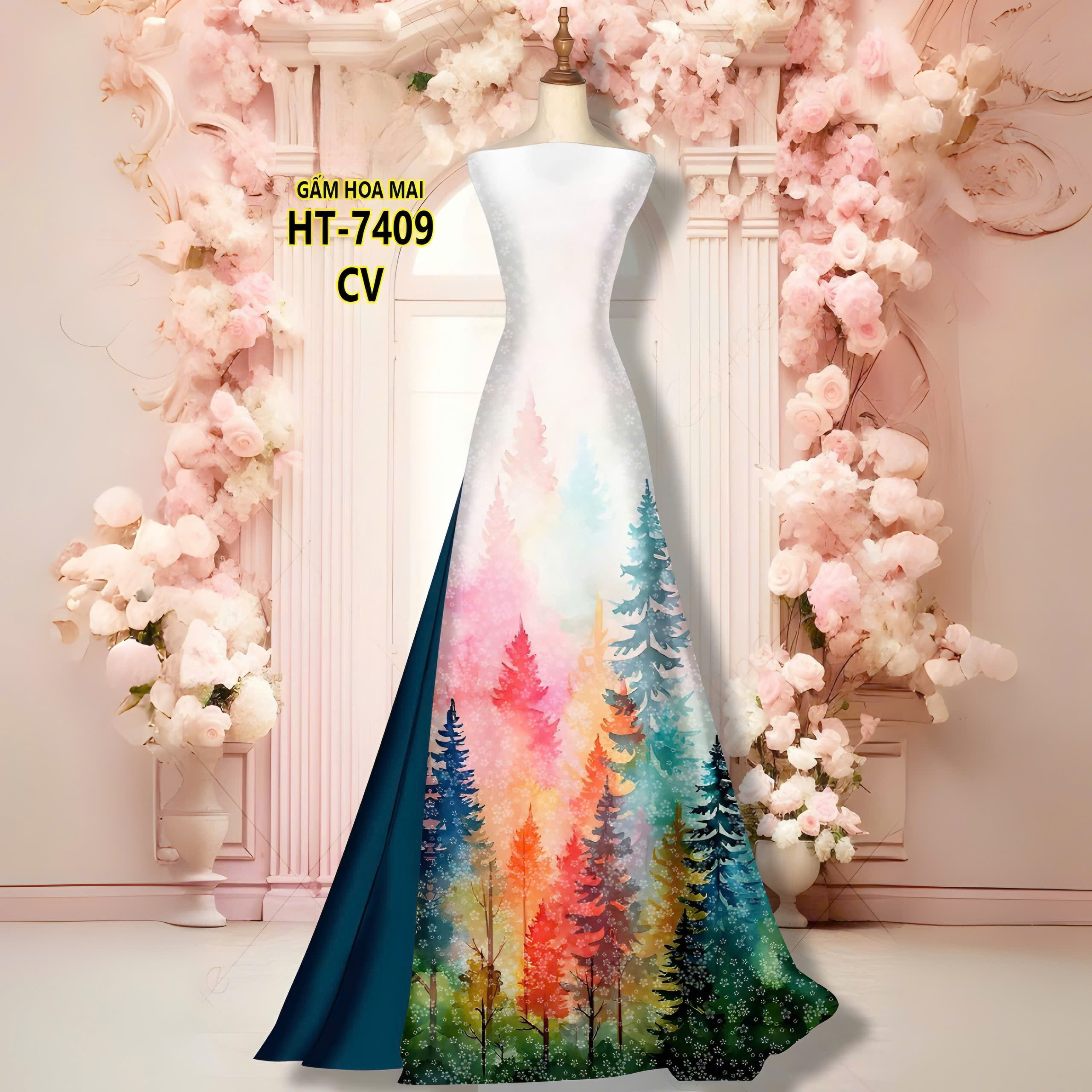 Tây Đô - Vải May Áo Dài In 3D Hoạ Tiết Cây Lá Kim, Phối Màu Mùa Thu, Trên Chất Vải Gấm Hoa Mai