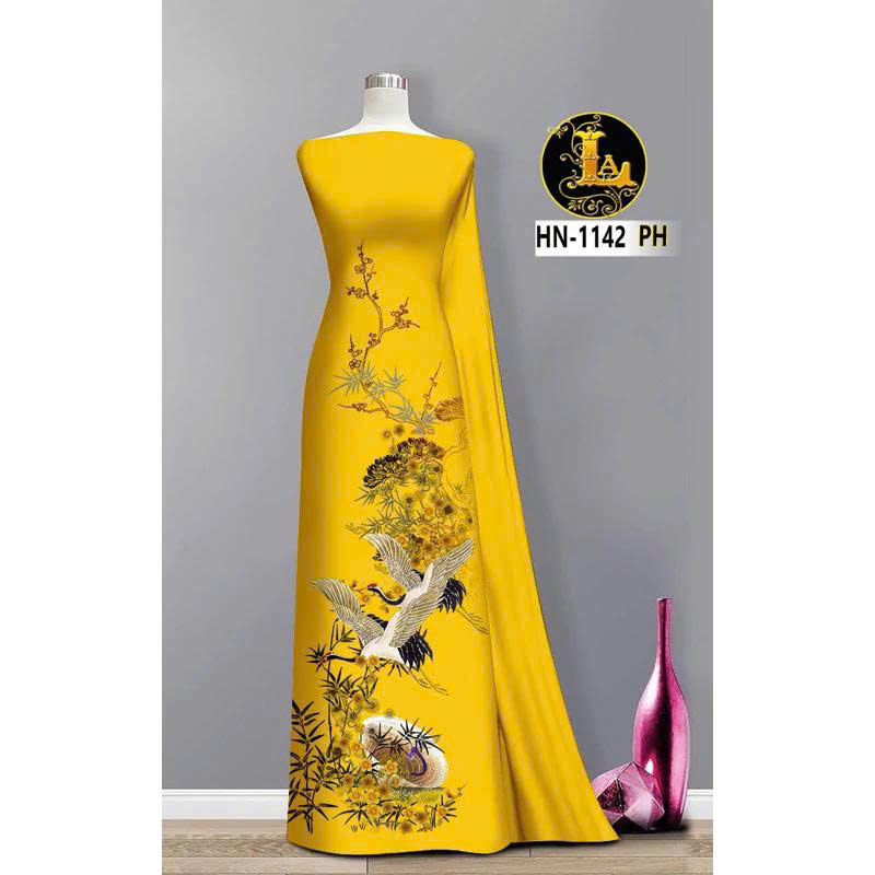 Tây Đô - Vải May Áo Dài Mới Nhất In 3D Chất Liệu Lụa Hồng Anh Hoạ Tiết Chim Hạt, Lá Trúc và Hoa Mai