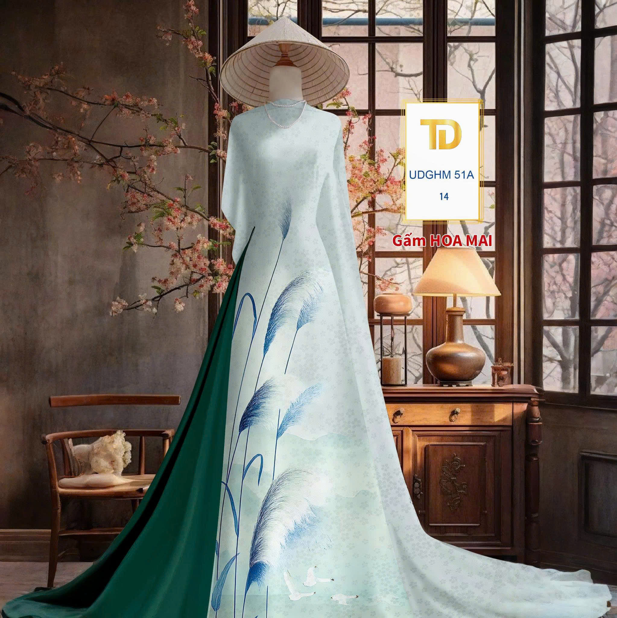 Tây Đô – Vải May Áo Dài Gấm Hoa Mai In 3D Họa Tiết Cỏ Bông Lau Phối Màu Nhẹ Nhàng