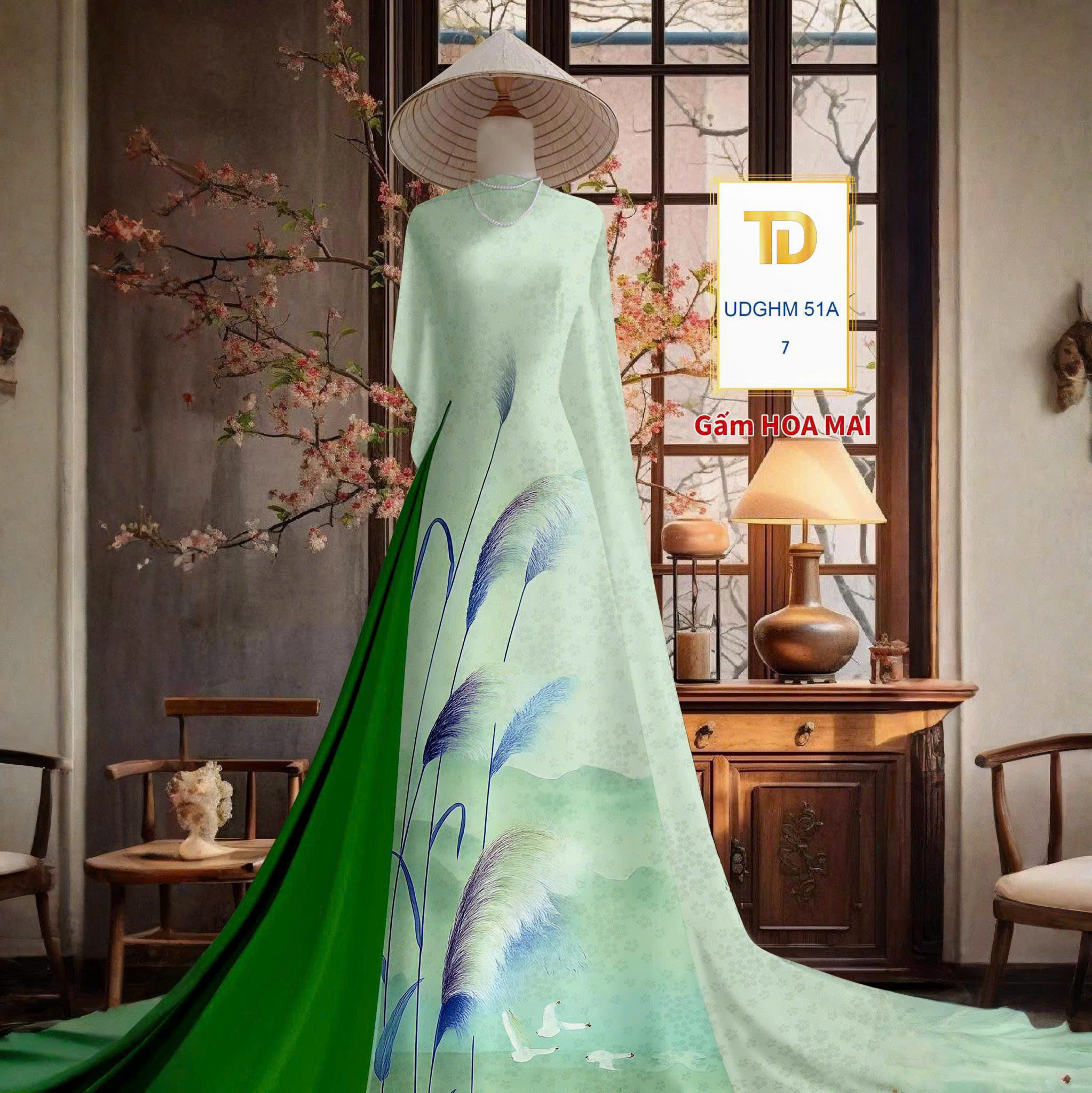 Tây Đô – Vải May Áo Dài Gấm Hoa Mai In 3D Họa Tiết Cỏ Bông Lau Phối Màu Nhẹ Nhàng