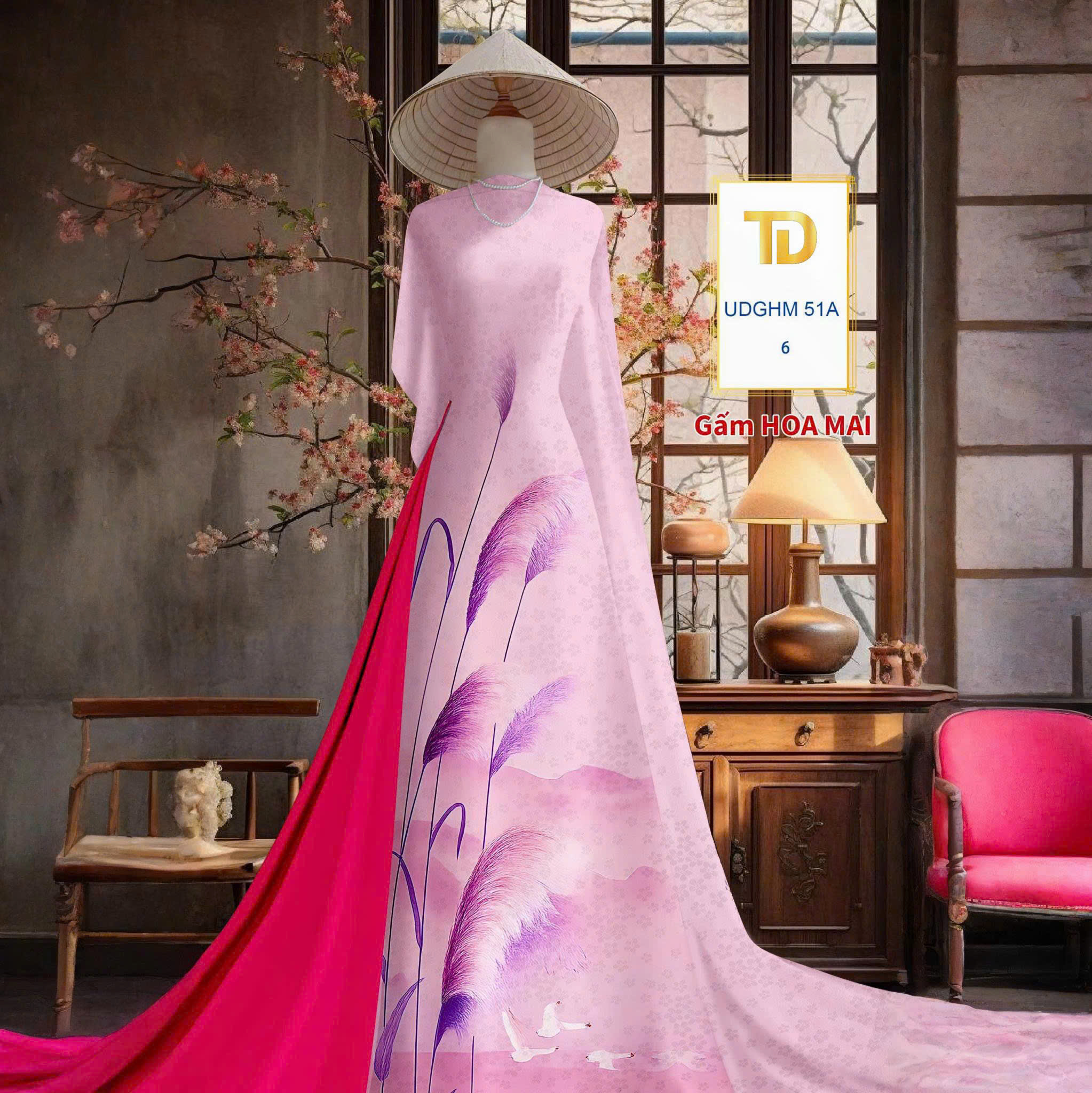 Tây Đô – Vải May Áo Dài Gấm Hoa Mai In 3D Họa Tiết Cỏ Bông Lau Phối Màu Nhẹ Nhàng