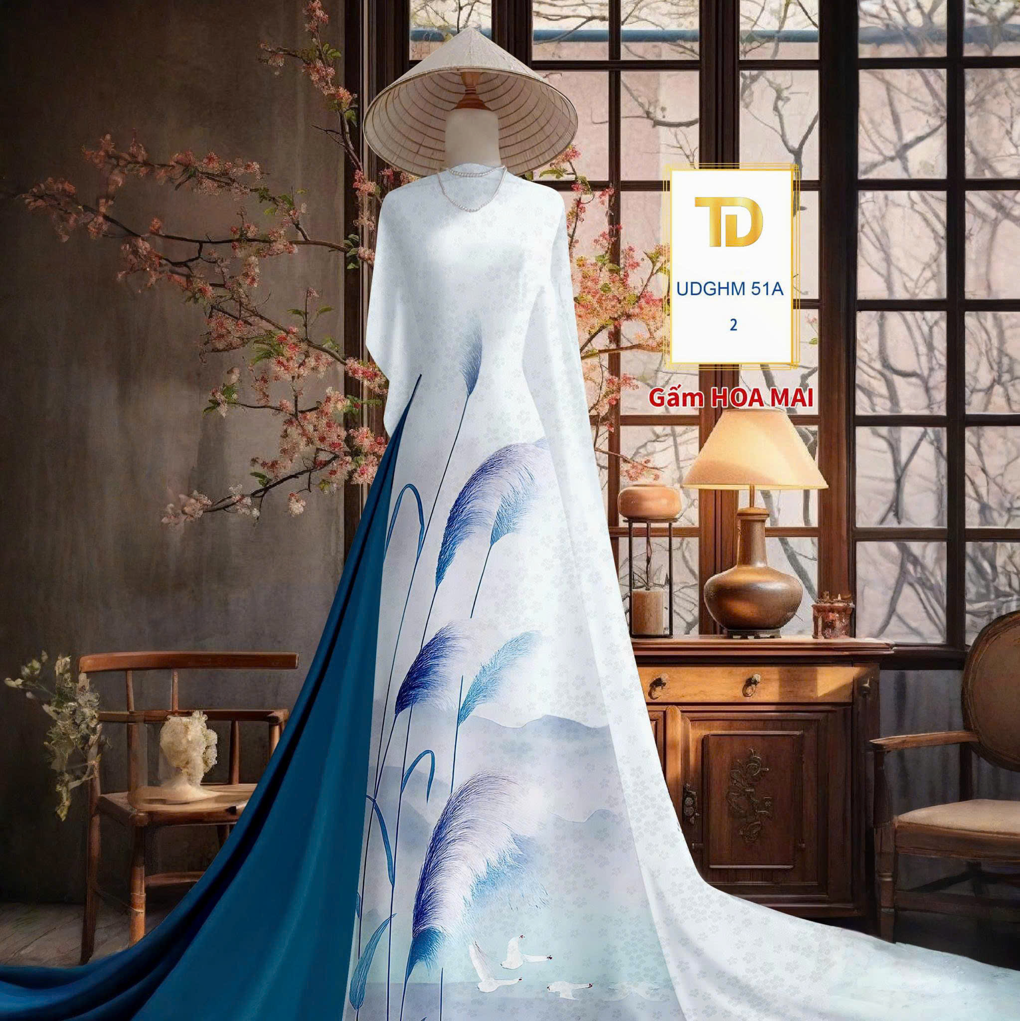 Tây Đô – Vải May Áo Dài Gấm Hoa Mai In 3D Họa Tiết Cỏ Bông Lau Phối Màu Nhẹ Nhàng