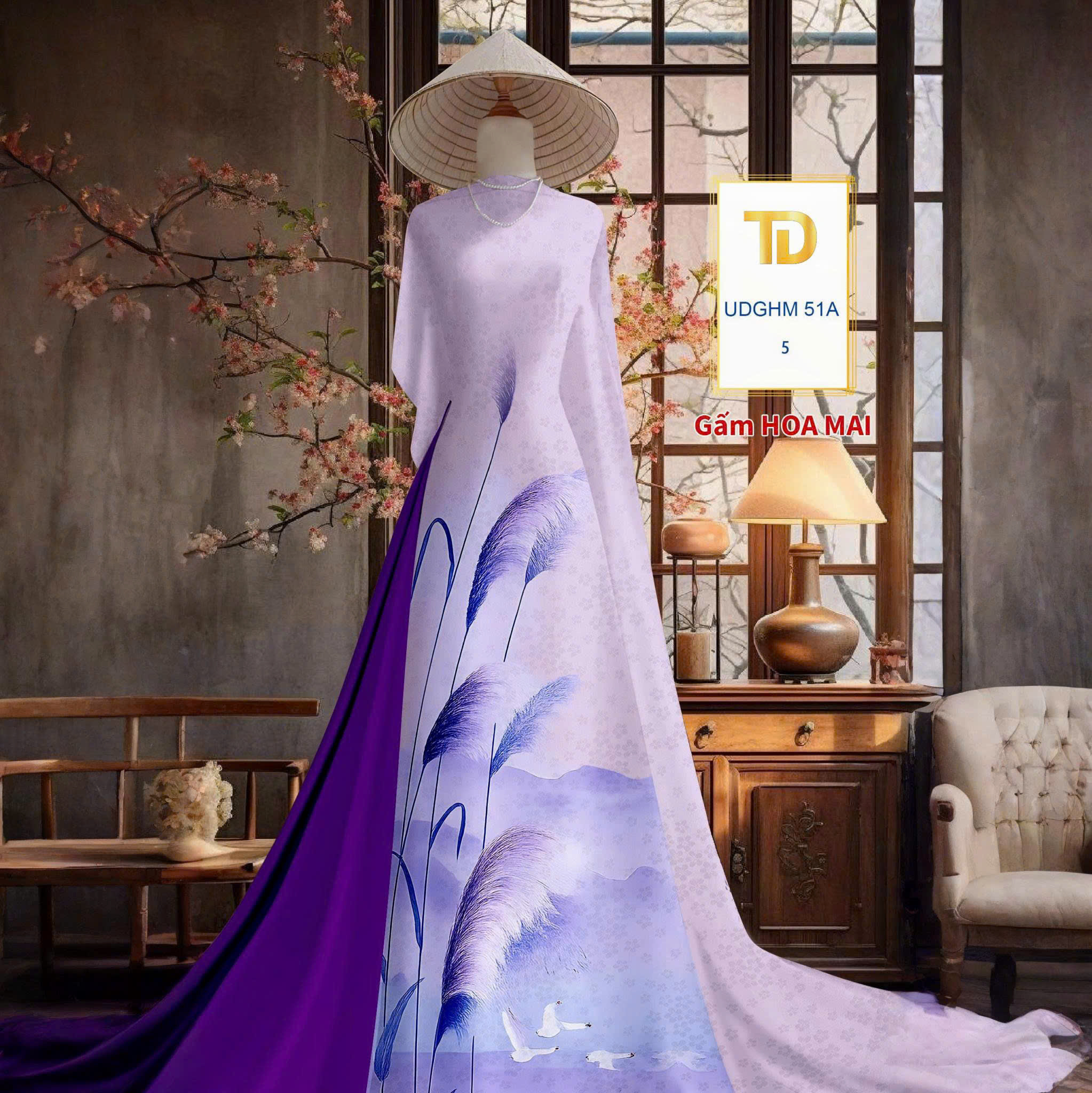 Tây Đô – Vải May Áo Dài Gấm Hoa Mai In 3D Họa Tiết Cỏ Bông Lau Phối Màu Nhẹ Nhàng