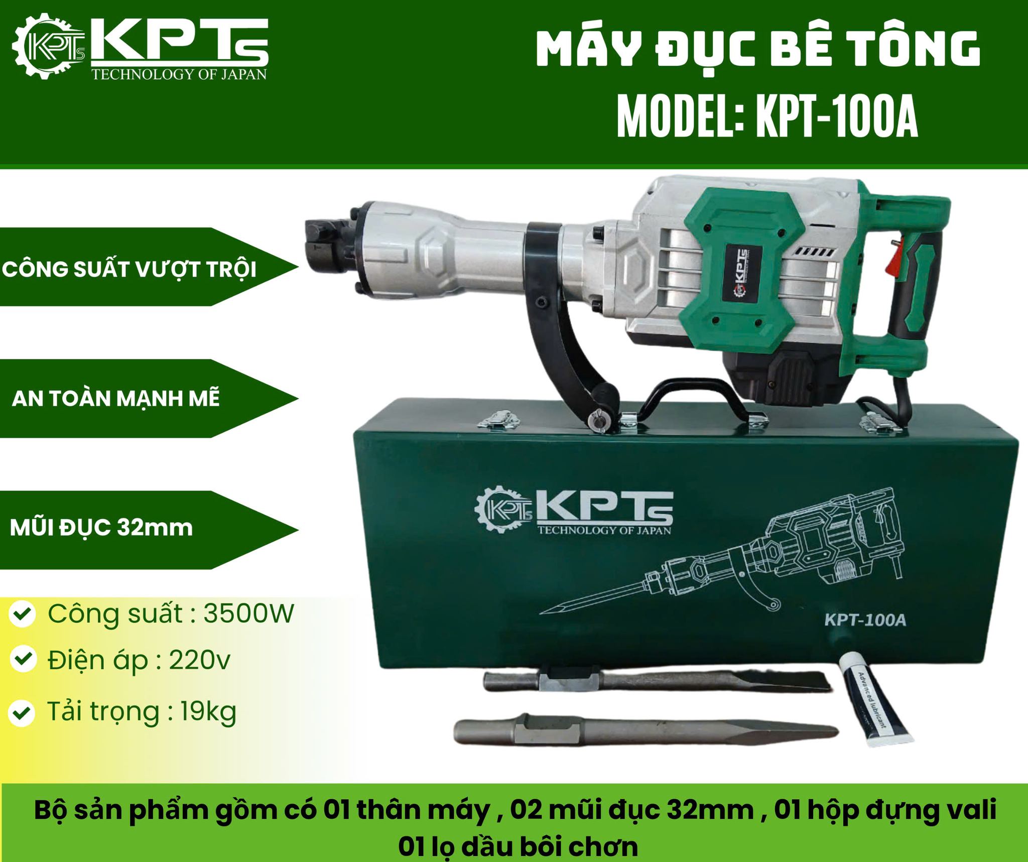 MÁY CHUYÊN ĐỤC KPTs KPT-100A TỐC ĐỘ 2040V/P CÔNG SUẤT 3500W-220V MŨI 32MM THỜI GIAN LÀM VIỆC TỐI ƯU 30/90S KÈM 2 MŨI CHÂN LỤC GIÁC NHỌN DẸT