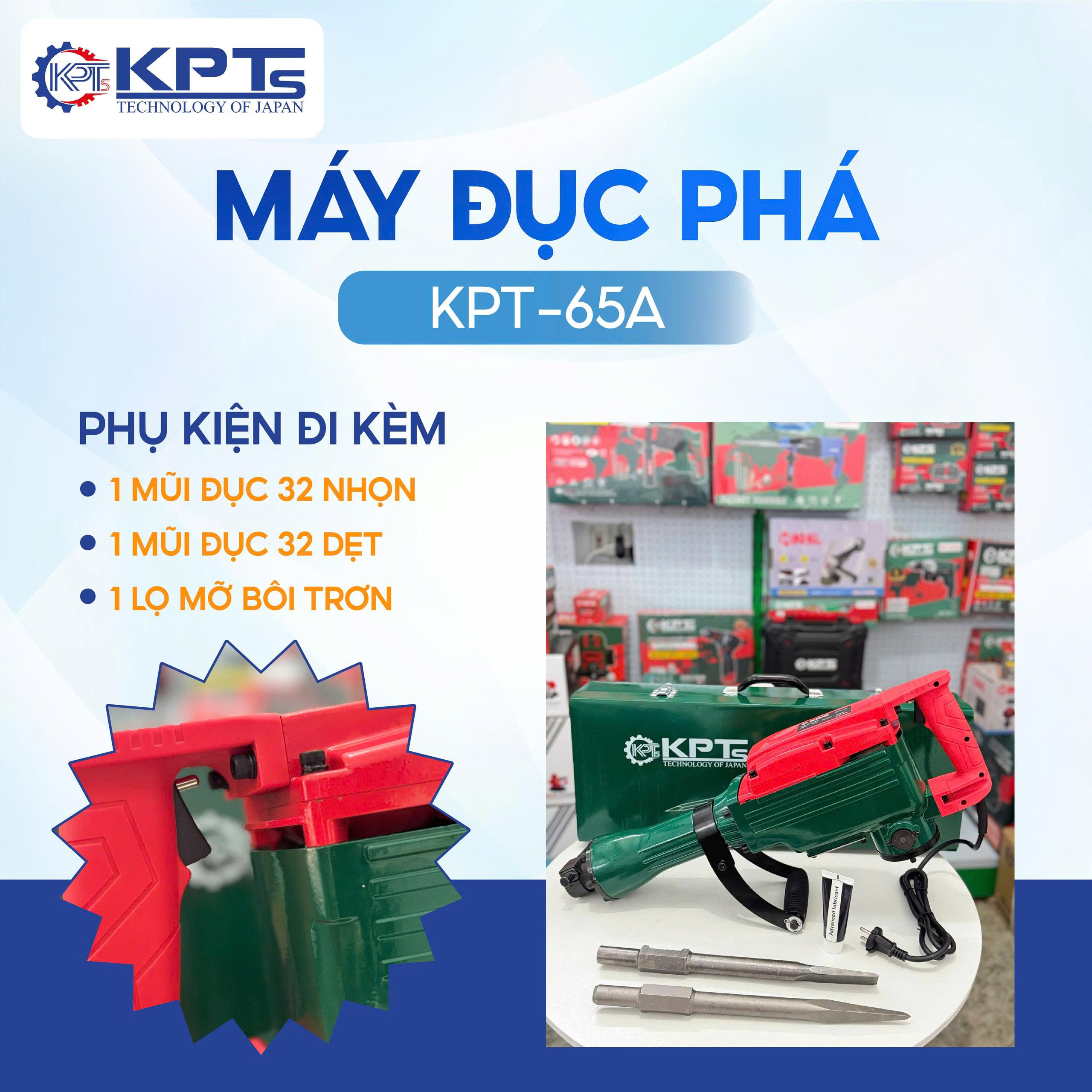 MÁY CHUYÊN ĐỤC KPTs KPT-65A TỐC ĐỘ 1400V/P CÔNG SUẤT 2200W-220V MŨI 32MM THỜI GIAN LÀM VIỆC TỐI ƯU 30/90S KÈM 2 MŨI CHÂN LỤC GIÁC NHỌN DẸT