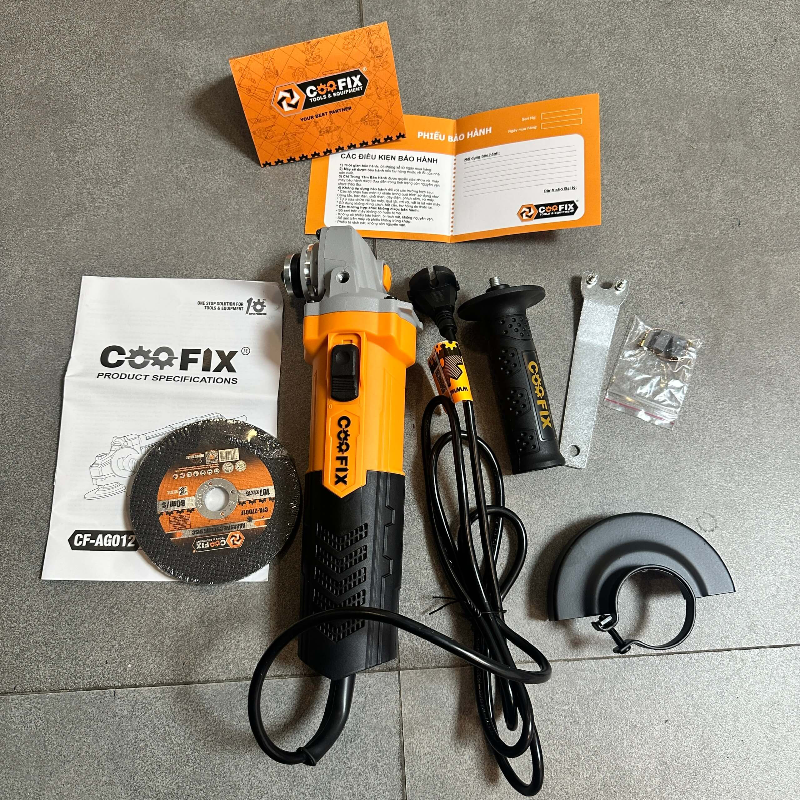 MÁY MÀI GÓC COOFIX CF-AG012 PHI ĐÁ 100MM CÔNG SUẤT 750W CÔNG TẮC TRƯỢT TẶNG KÈM 5 ĐÁ CẮT CHÍNH HÃNG