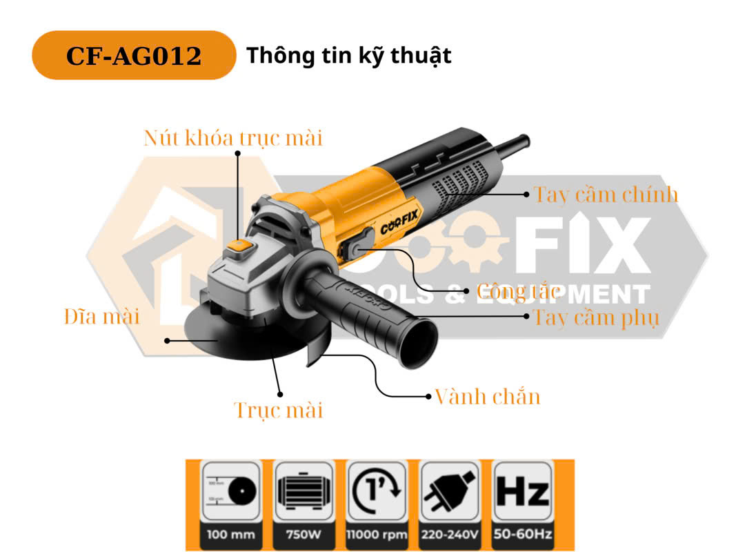 MÁY MÀI GÓC COOFIX CF-AG012 PHI ĐÁ 100MM CÔNG SUẤT 750W CÔNG TẮC TRƯỢT TẶNG KÈM 5 ĐÁ CẮT CHÍNH HÃNG