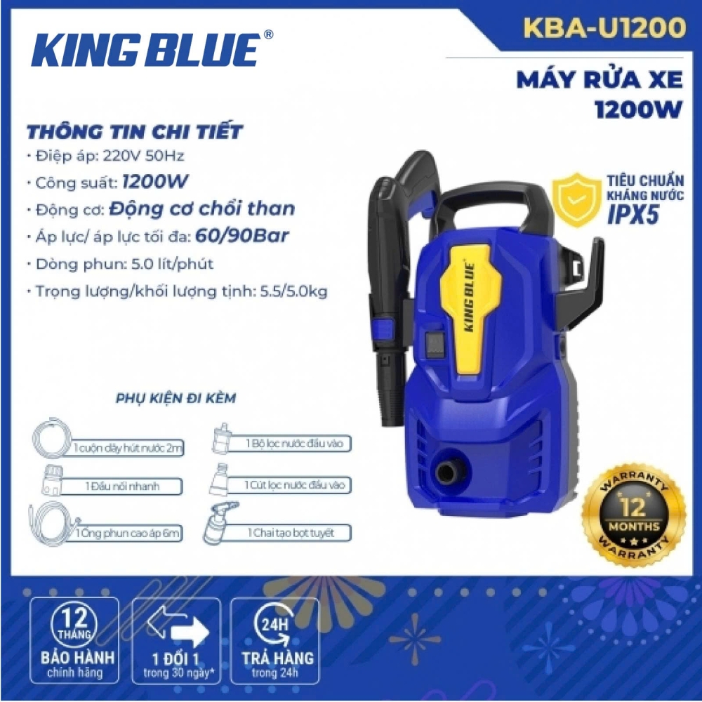 MÁY RỬA XE KING BLUE KBA-U1200 1200W 60/90BAR 5L