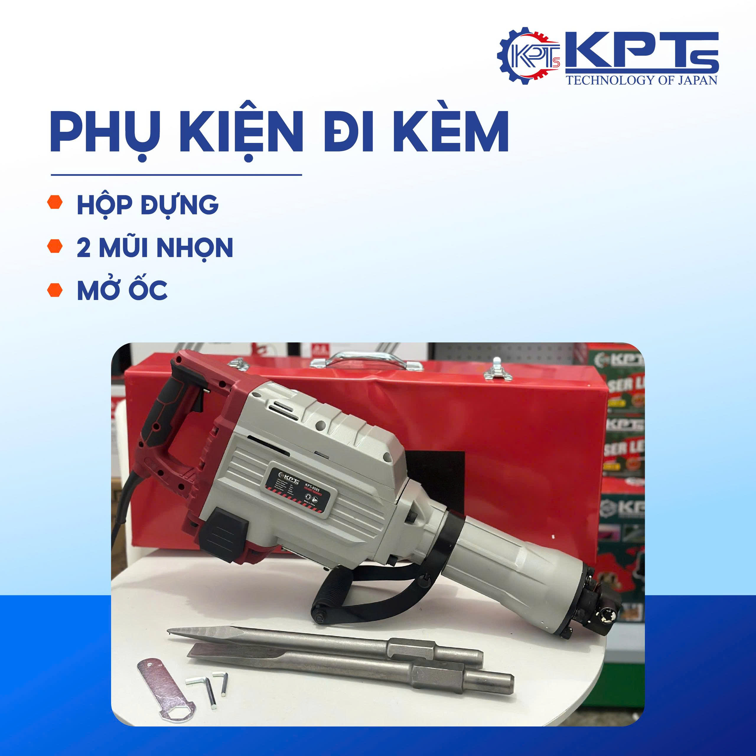 MÁY CHUYÊN ĐỤC KPTs KPT-95A TỐC ĐỘ 2040V/P CÔNG SUẤT 3000W-220V MŨI 32MM THỜI GIAN LÀM VIỆC TỐI ƯU 30/90S KÈM 2 MŨI CHÂN LỤC GIÁC NHỌN DẸT