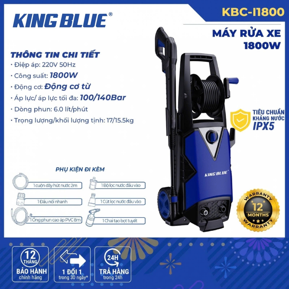 MÁY RỬA XE KING BLUE KBC-I1800 1800W 140BAR 6L