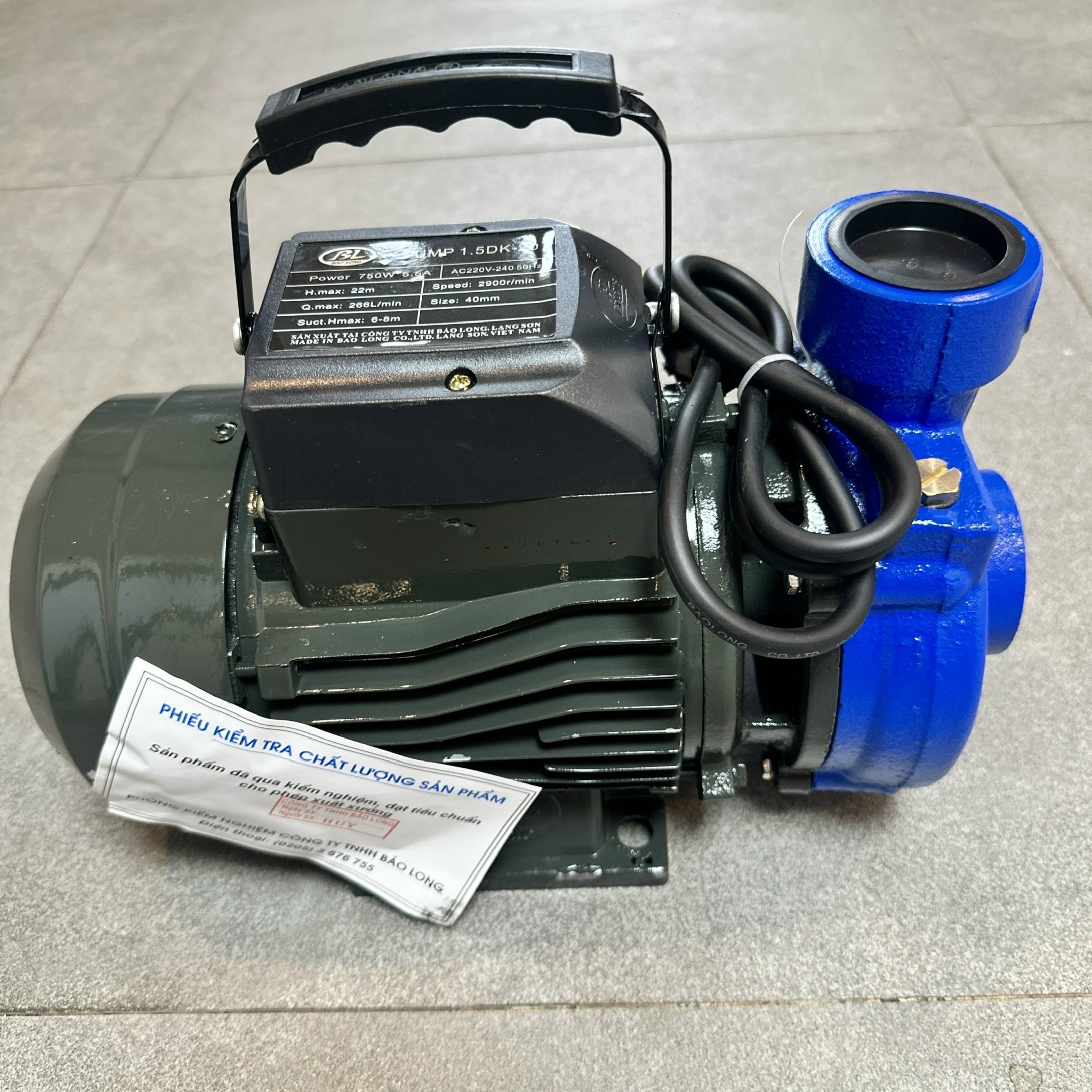 MÁY BƠM NƯỚC LY TÂM BẢO LONG 750W CÁ SẤU 1.5DK-20 HÚT XẢ 40/40 LƯU LƯỢNG 266L/MIN MAX 22M CÁNH PPO CỐT HỢP KIM BƠM TƯỚI TIÊU DÂN DỤNG