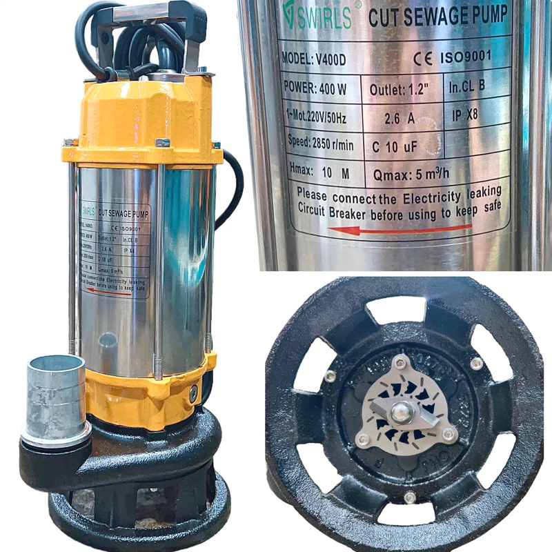 MÁY BƠM CHÌM NƯỚC THẢI CÓ CÁNH CẮT RÁC 400W THÂN INOX 304 SWIRLS V400D