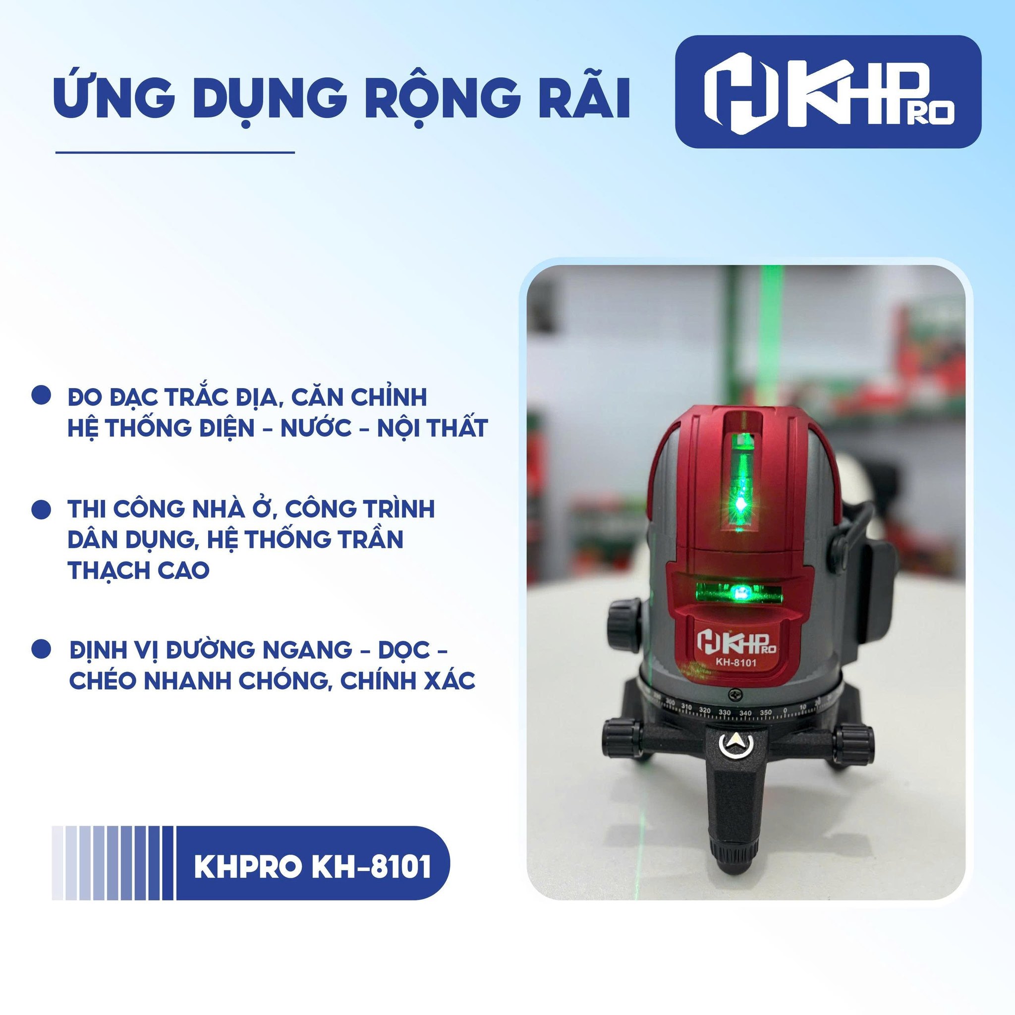 MÁY ĐO TRẮC ĐỊA LAZE KHPRO KH-8101 5 TIA SIÊU SÁNG BƯỚC SÓNG 505NM CHÍNH XÁC BỀN BỈ DỄ SỬ DỤNG DÀNH CHO THỢ CHUYÊN