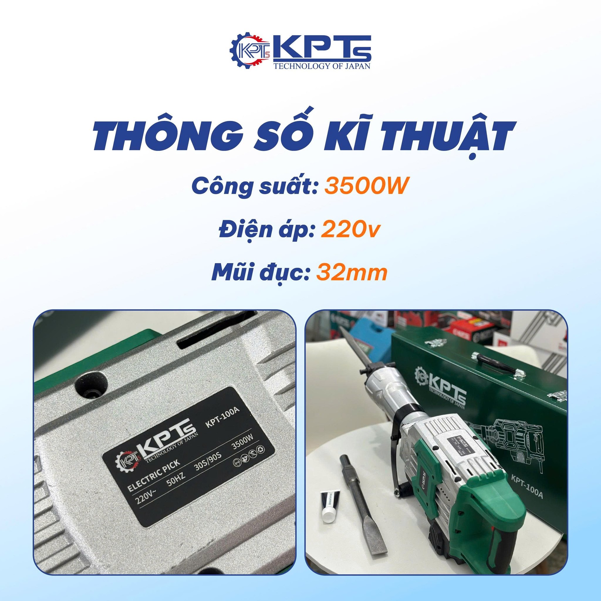 MÁY CHUYÊN ĐỤC KPTs KPT-100A TỐC ĐỘ 2040V/P CÔNG SUẤT 3500W-220V MŨI 32MM THỜI GIAN LÀM VIỆC TỐI ƯU 30/90S KÈM 2 MŨI CHÂN LỤC GIÁC NHỌN DẸT
