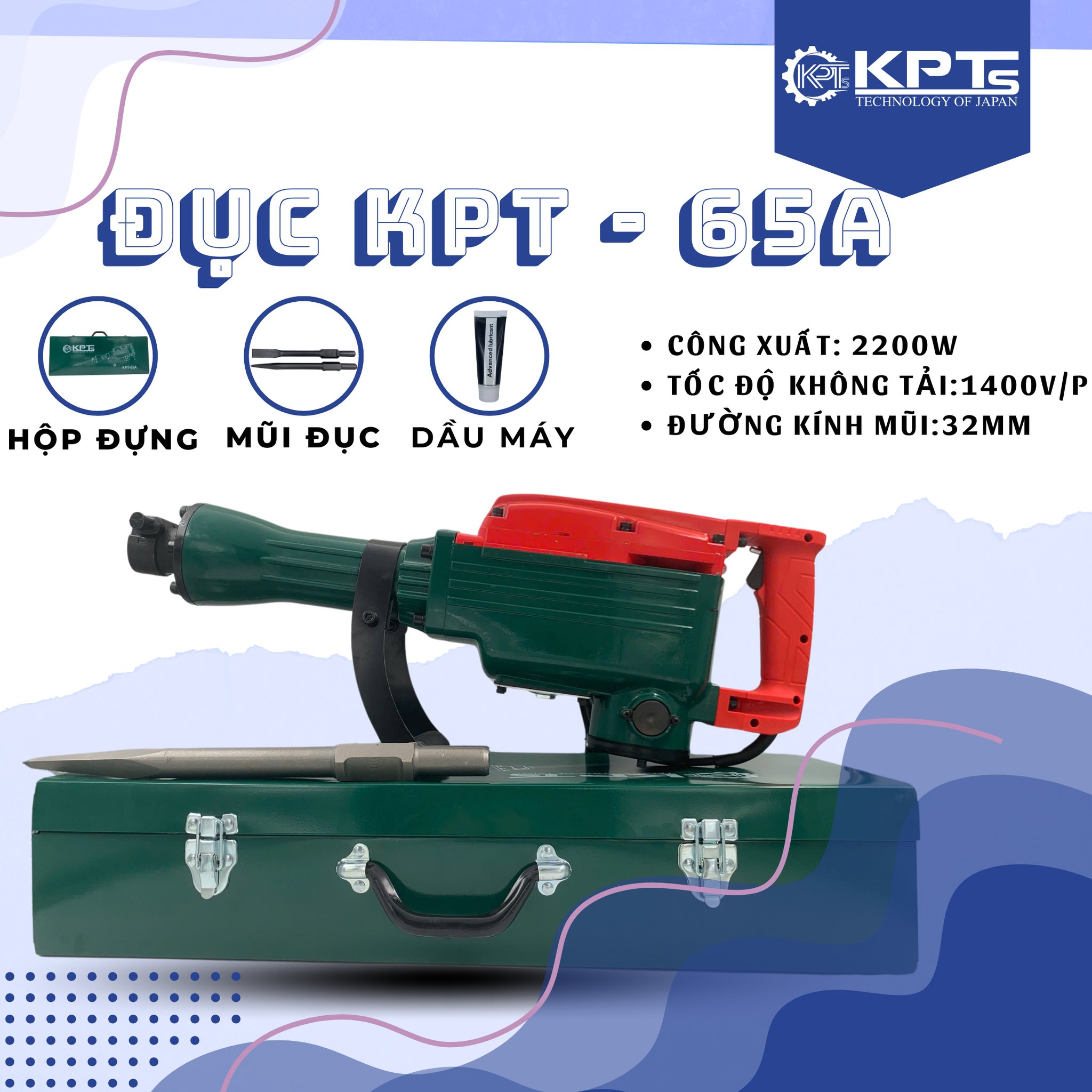 MÁY CHUYÊN ĐỤC KPTs KPT-65A TỐC ĐỘ 1400V/P CÔNG SUẤT 2200W-220V MŨI 32MM THỜI GIAN LÀM VIỆC TỐI ƯU 30/90S KÈM 2 MŨI CHÂN LỤC GIÁC NHỌN DẸT