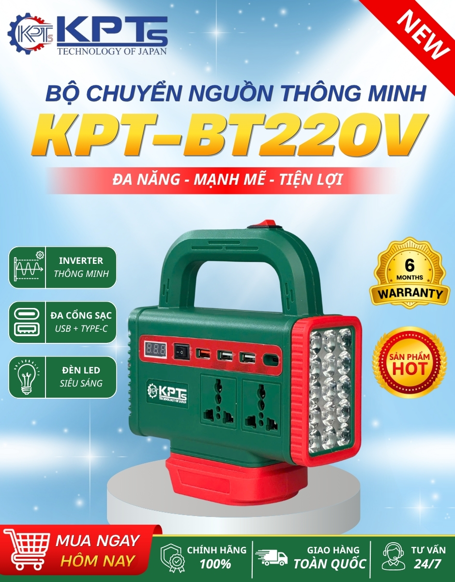 BỘ CHUYỂN ĐỔI NGUỒN THÂN ĐẾ CHUYỂN ĐỔI NGUỒN CHÂN PIN PHỔ THÔNG KHÔNG KÈM PIN KPTs KPT-BT220V TỪ PIN SANG ĐIỆN 220V CÔNG SUẤT 150W DÙNG CHO TẤT CẢ THIẾT BỊ ĐIỆN TIỆN DỤNG MỌI LÚC MỌI NƠI CÓ ĐÈN PIN CHIẾU SÁNG
