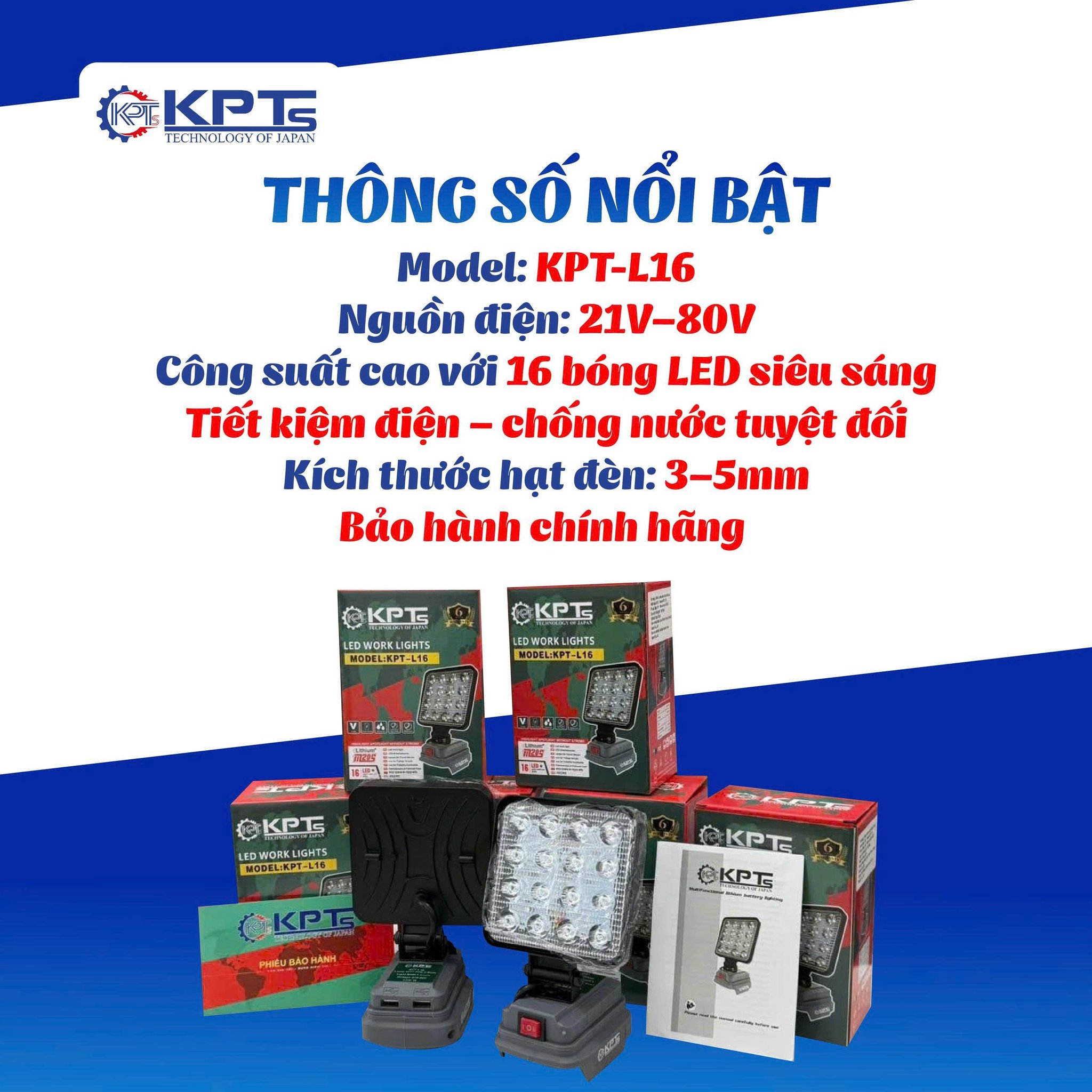 ĐÈN CÓ SẠC THÂN ĐÈN DÙNG CHÂN PIN PHỔ THÔNG KHÔNG KÈM PIN KPTs KPT-L16 LOẠI 21V DÙNG CHO DÃ NGOẠI THỢ XÂY DỰNG VÀ DỰ PHÒNG KHI MẤT ĐIỆN