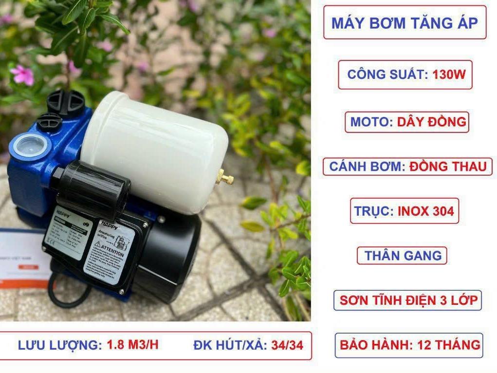 Điện Máy Minh Thành HD - Máy Bơm Tăng Áp 150w - 220v Hút Sâu : 8m  Cột Áp : 22 m  Lưu Lượng : 38 l/min Hút Xả : 27/34mm Cánh Đồng Cốt Inox Thương Hiệu HAPPY Dây Đồng  Bảo Hành : 12 Tháng
