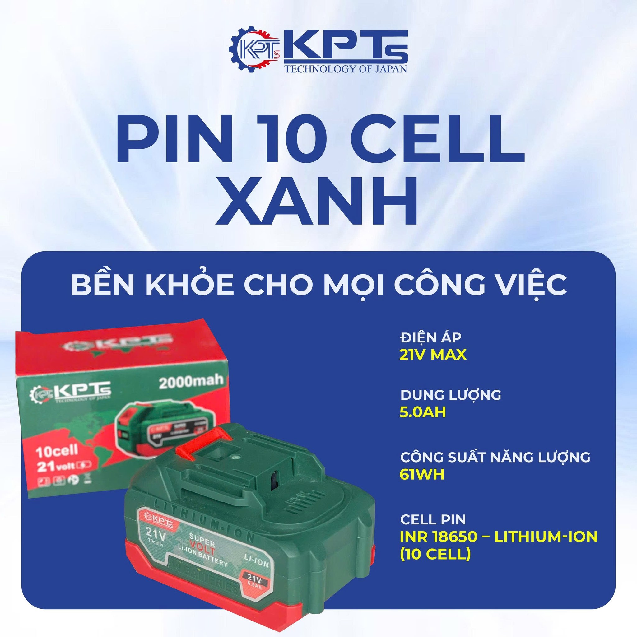 PIN 21V KPTs PIN-10CX 6.0Ah Chân Pin Phổ Thông M21 10 Cell Lithium-Ion Dùng Cho Máy Khoan Máy Mài Máy Siết Bulông