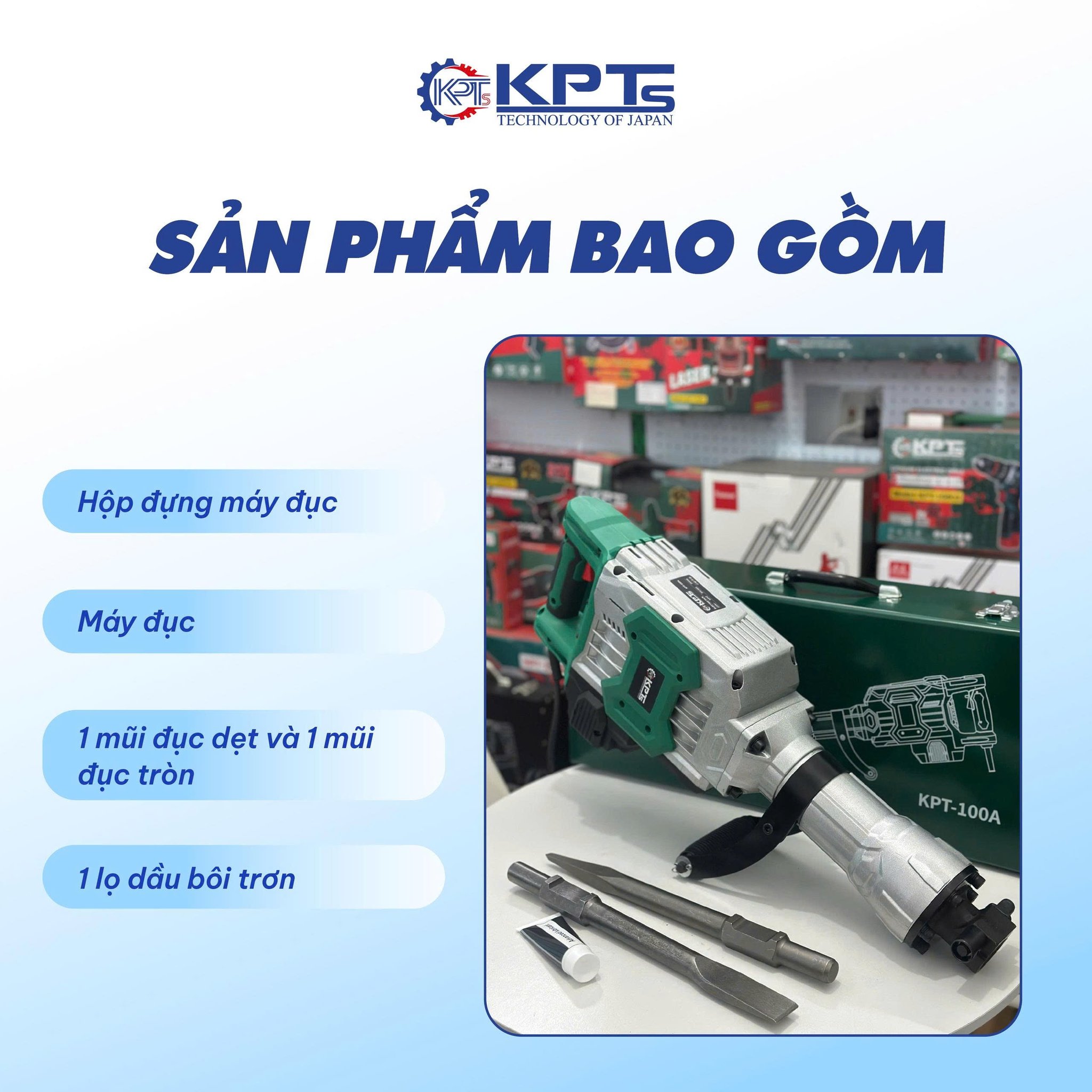 MÁY CHUYÊN ĐỤC KPTs KPT-100A TỐC ĐỘ 2040V/P CÔNG SUẤT 3500W-220V MŨI 32MM THỜI GIAN LÀM VIỆC TỐI ƯU 30/90S KÈM 2 MŨI CHÂN LỤC GIÁC NHỌN DẸT