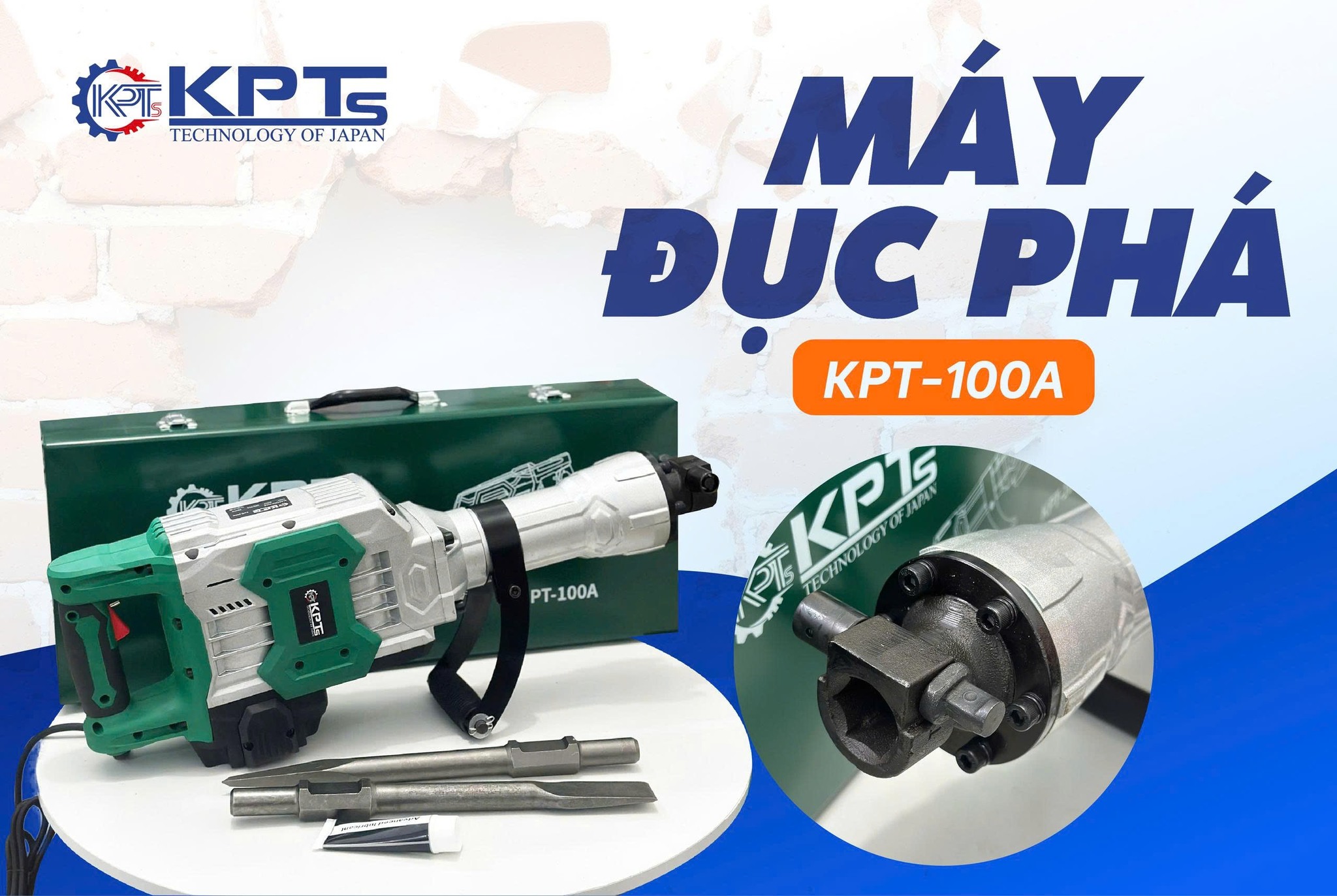 MÁY CHUYÊN ĐỤC KPTs KPT-100A TỐC ĐỘ 2040V/P CÔNG SUẤT 3500W-220V MŨI 32MM THỜI GIAN LÀM VIỆC TỐI ƯU 30/90S KÈM 2 MŨI CHÂN LỤC GIÁC NHỌN DẸT