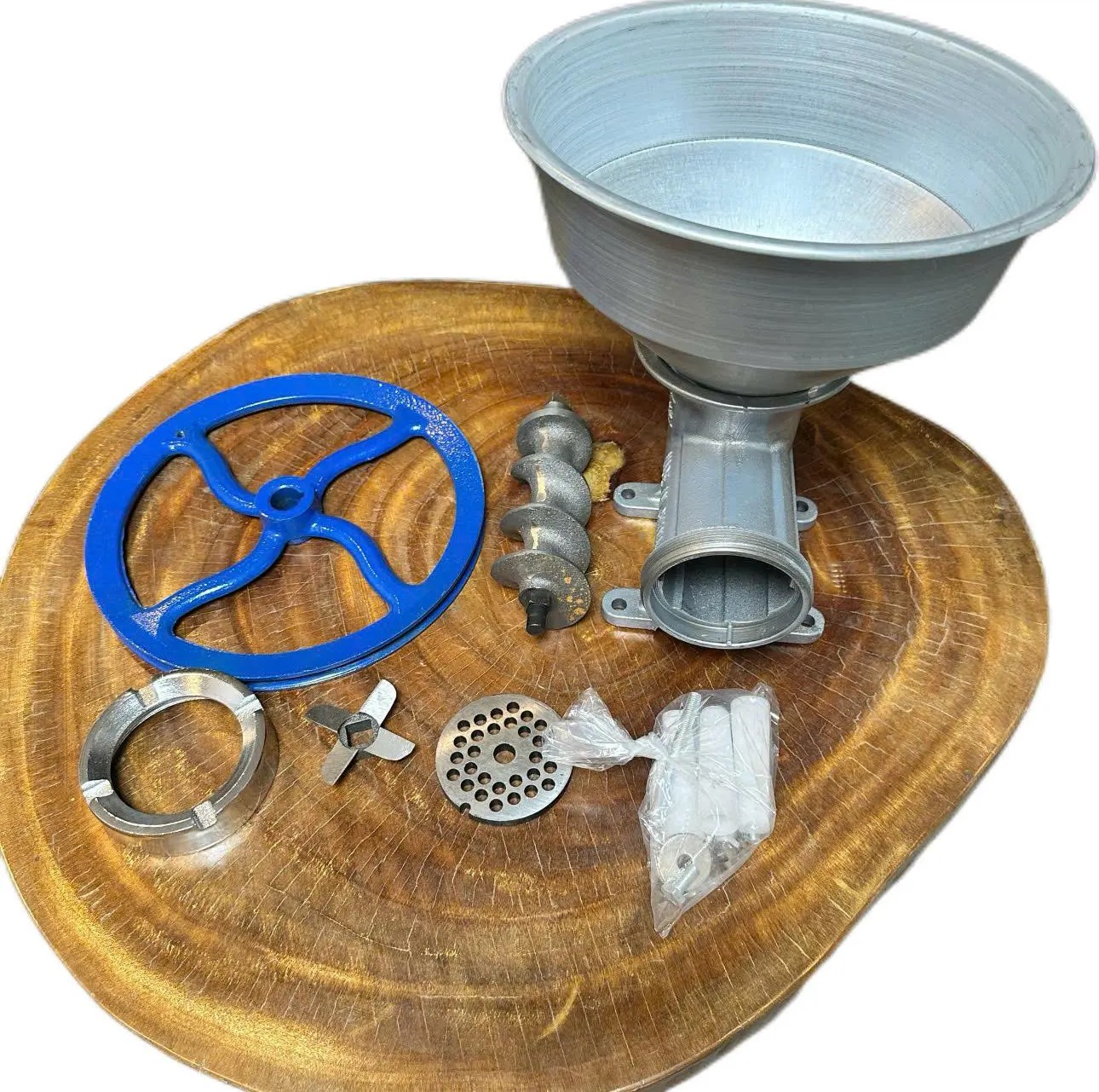 CỐI ĐÙN THỊT MẠ INOX CÔNG NGHIỆP DÙNG CHO MOTO 2.2kW KÈM PHỄU INOX DAO LÀM BẰNG THÉP KHÔNG RỈ THÂN GANG DẦY BỀN BỈ