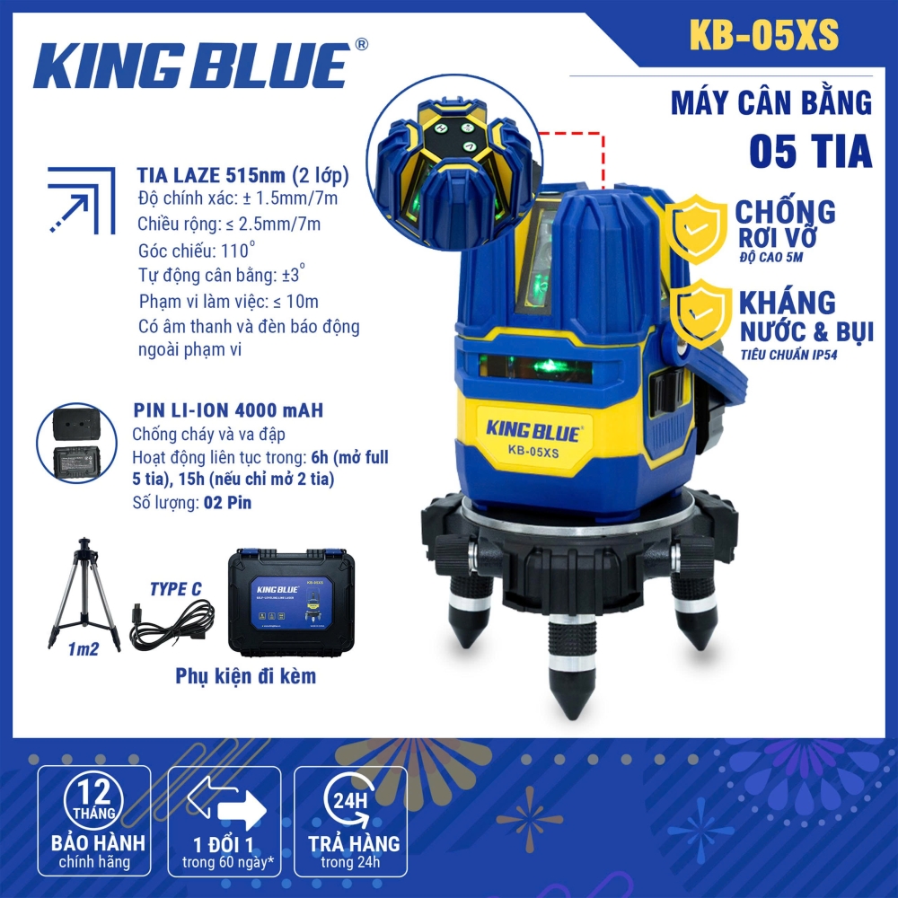 Máy Laser Cân Bằng 5 Tia Xanh King Blue KB-05XS Chống Rơi, Dùng Ngoài Trời