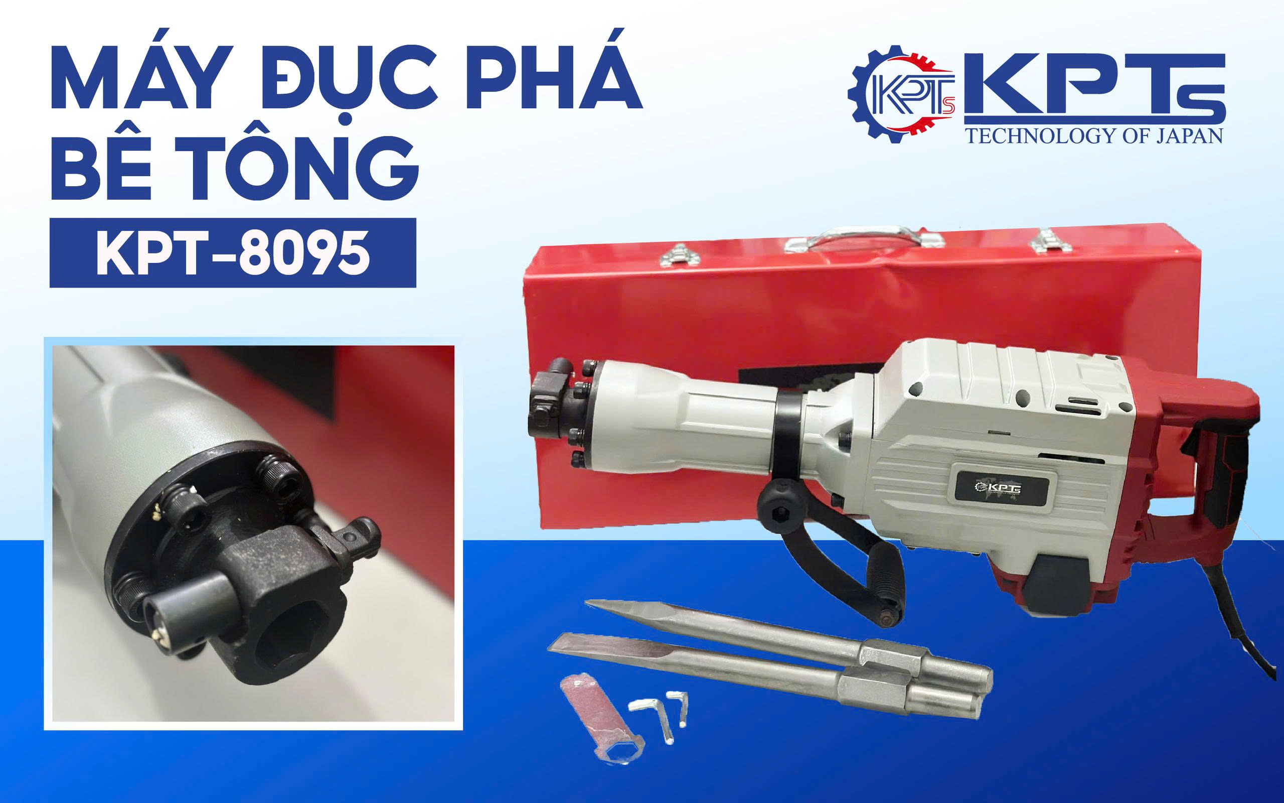 MÁY CHUYÊN ĐỤC KPTs KPT-95A TỐC ĐỘ 2040V/P CÔNG SUẤT 3000W-220V MŨI 32MM THỜI GIAN LÀM VIỆC TỐI ƯU 30/90S KÈM 2 MŨI CHÂN LỤC GIÁC NHỌN DẸT