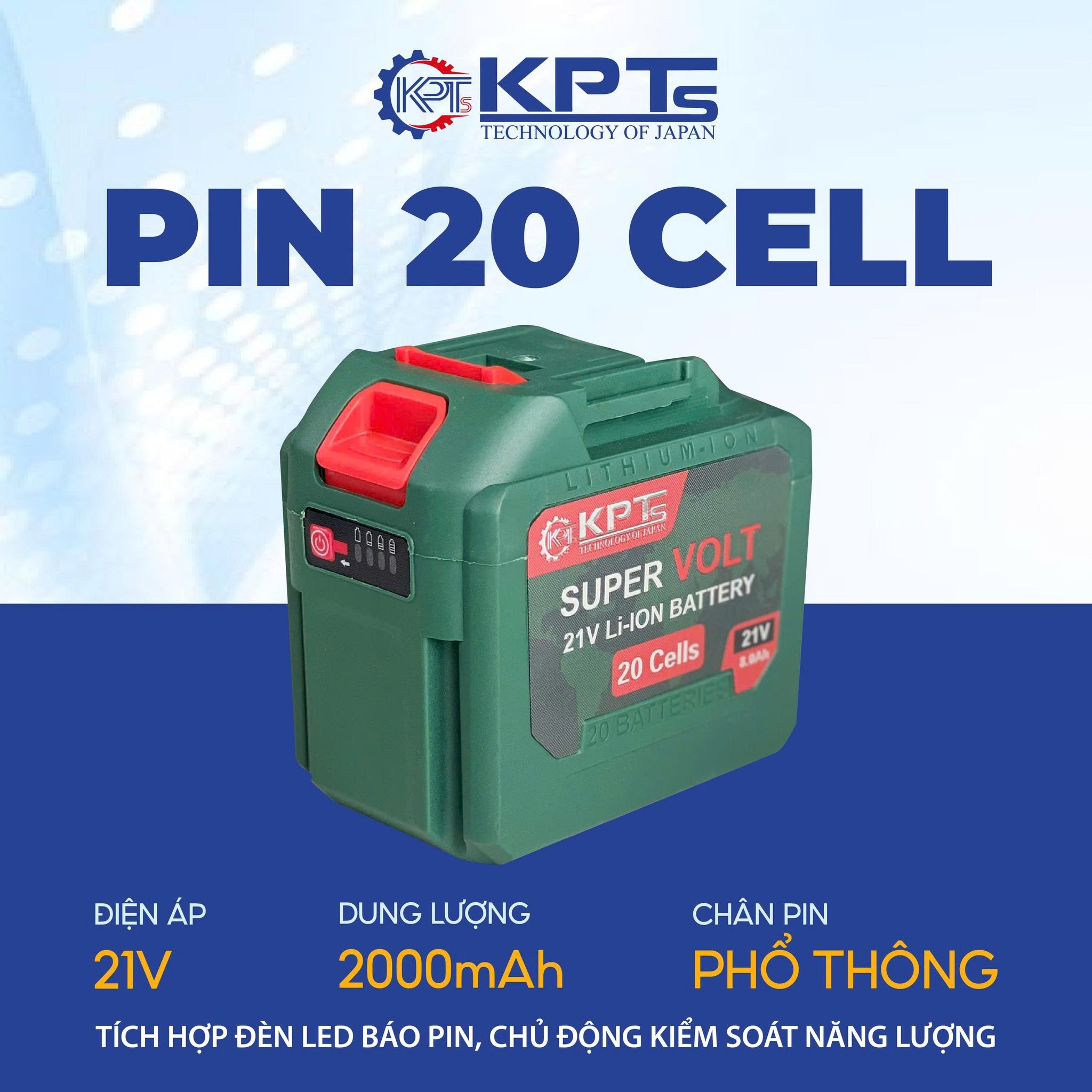Pin 21V KPT PIN-20C 8.0Ah Chân Pin M21 Phổ Thông Lithium-ion Dùng Cho Máy Khoan Máy Mài Máy Siết Bulông