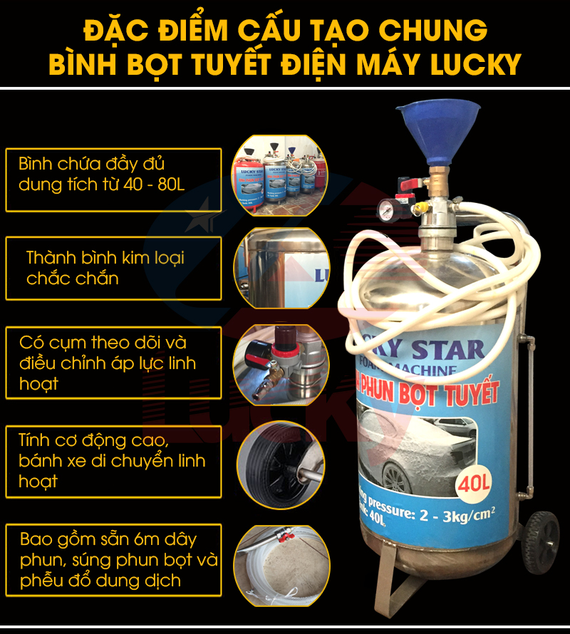 Bình bọt tuyết rửa xe 80L inox 304 Lucky Star BBS-80L, áp suất 3 bar dùng cho tiệm rửa xe