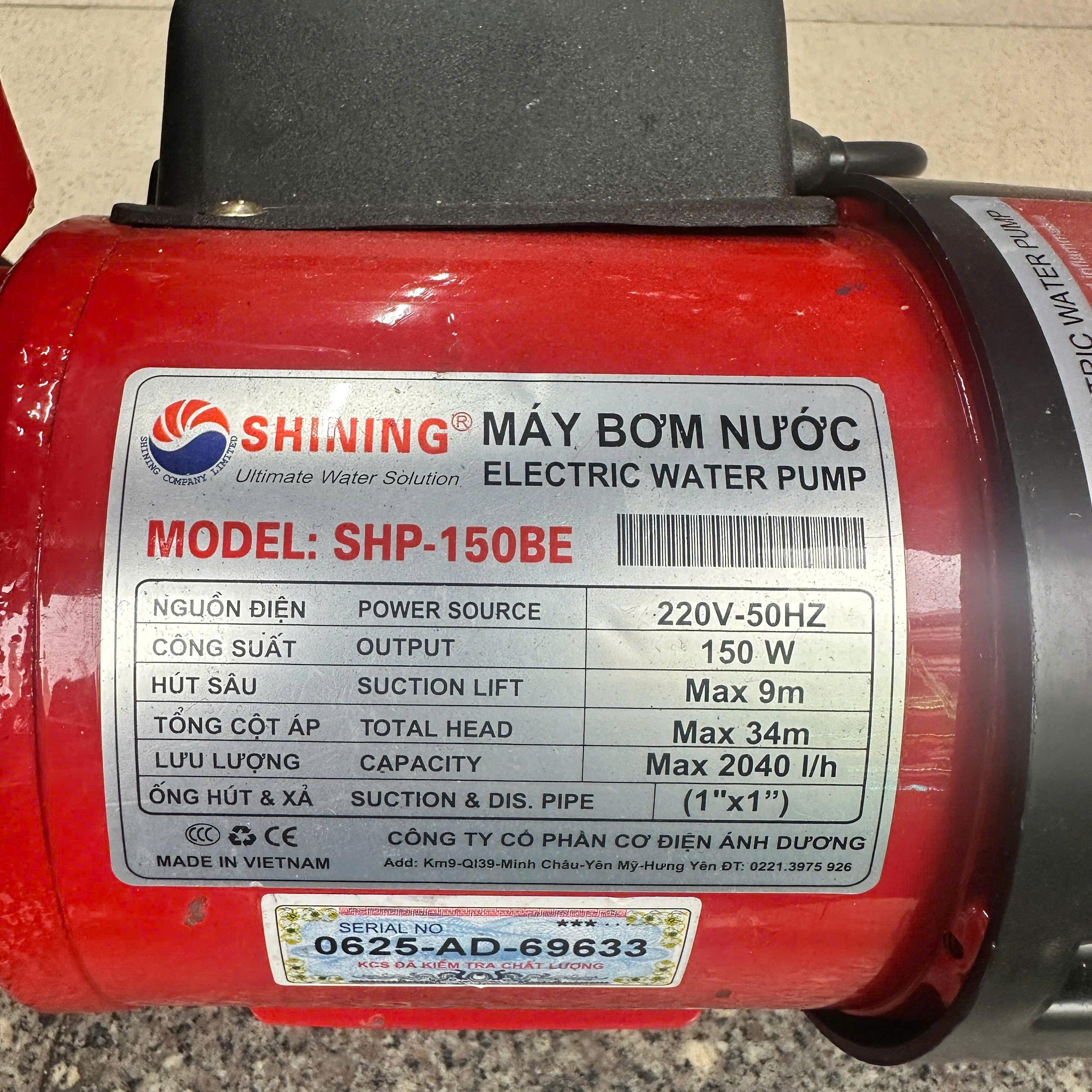 MÁY BƠM CHÂN KHÔNG ĐẨY CAO SHINING SHP-150BE 150W SỬ DỤNG BƠM NƯỚC LÊN CAO VÀ CẤP NƯỚC SINH HOẠT