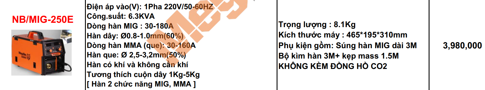 MÁY HÀN MIG MINI MEGATEC MIG-250E 6.3KVA 160~180A MIG MMA