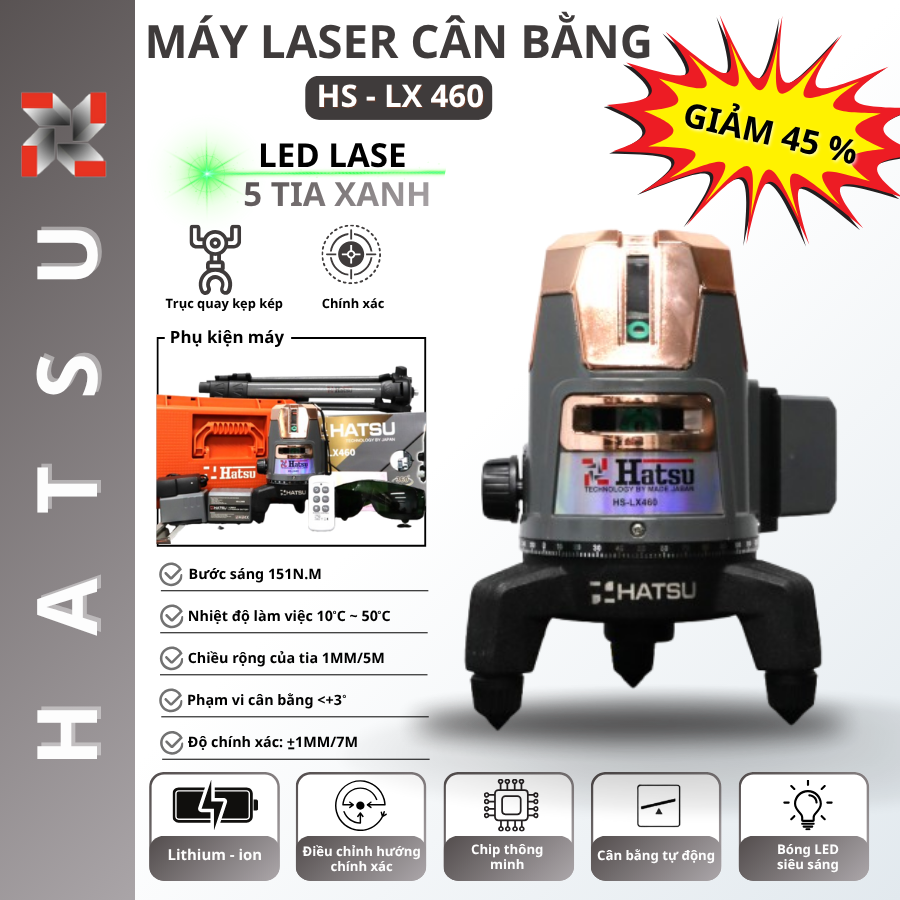 MÁY CÂN BẰNG LASER 5 TIA XANH HATSU HS LX-460 CÓ ĐIỀU KHIỂN QUAY 360° KÈM CHÂN
