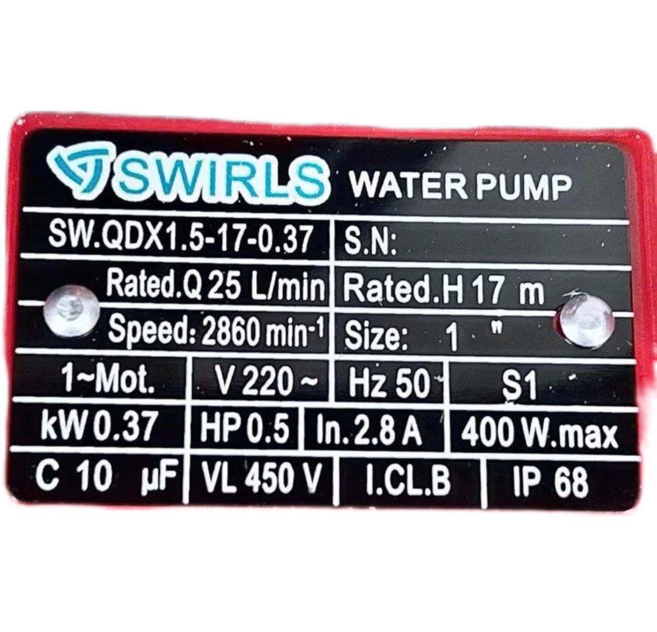 Điện Máy Minh Thành HD - Máy Bơm Chìm 370w - 220v Lưu lượng 25 l/min Ống Xả (Φ ) 25  Cột áp 14m Cánh Nhôm Cốt Hợp Kim Thương Hiệu SWIRLS Dây Đồng Bảo Hành 12 Tháng