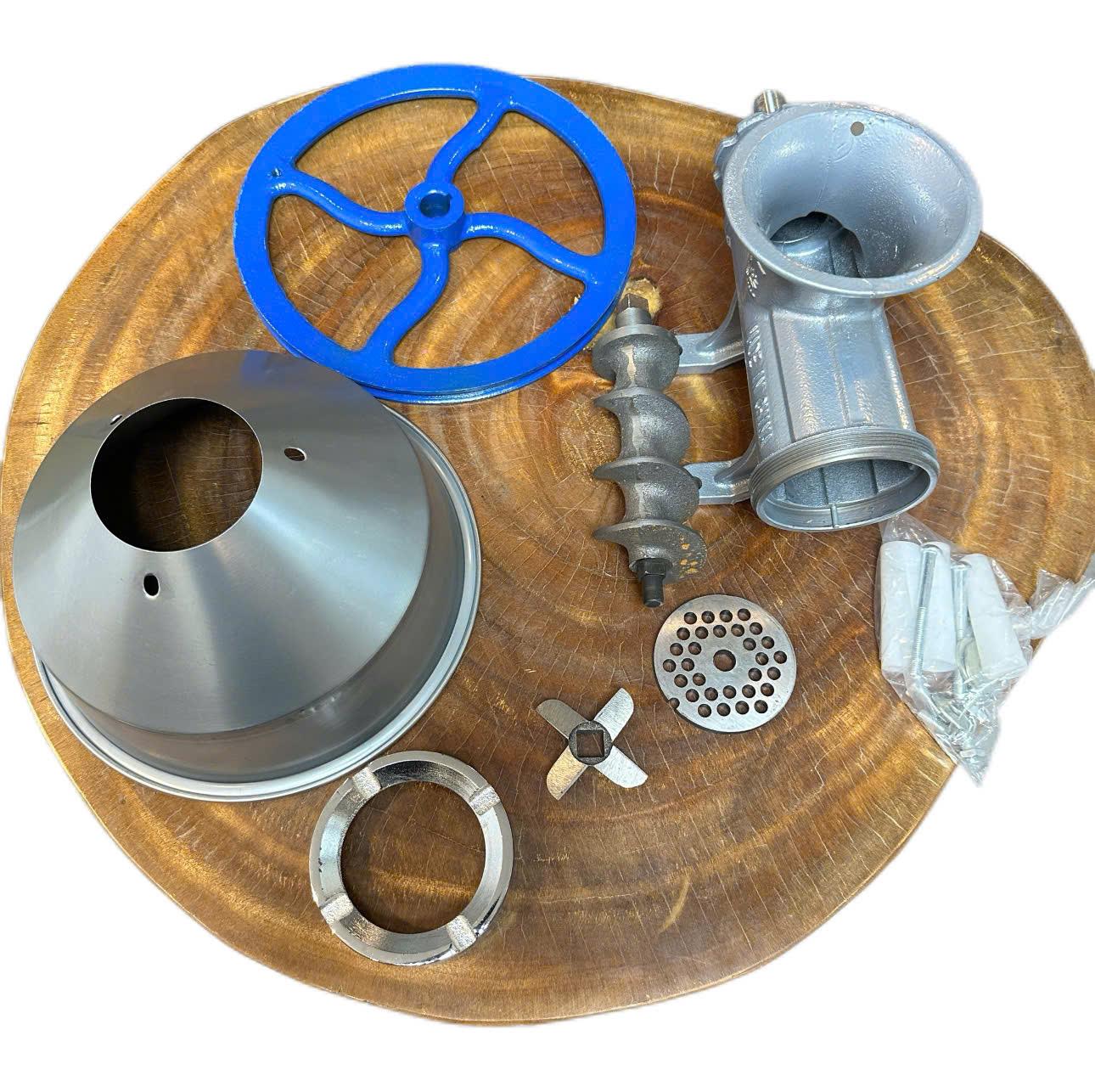 CỐI ĐÙN THỊT MẠ INOX CÔNG NGHIỆP DÙNG CHO MOTO 2.2kW KÈM PHỄU INOX DAO LÀM BẰNG THÉP KHÔNG RỈ THÂN GANG DẦY BỀN BỈ