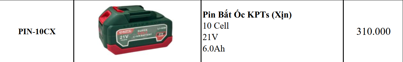 PIN 21V KPTs PIN-10CX 6.0Ah Chân Pin Phổ Thông M21 10 Cell Lithium-Ion Dùng Cho Máy Khoan Máy Mài Máy Siết Bulông