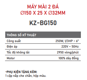 MÁY MÀI 2 ĐÁ 250W-220V KAIZEN KZ-BG150 Ф150 x 25 x Ф32MM TỐC ĐỘ KHÔNG TẢI 2950V/P MÁY MÀI TỐC ĐỘ CHẬM CHỐNG RUNG ĐỘ CHÍNH XÁC CAO CÓ MÀNG CHẮN BẢO VỆ