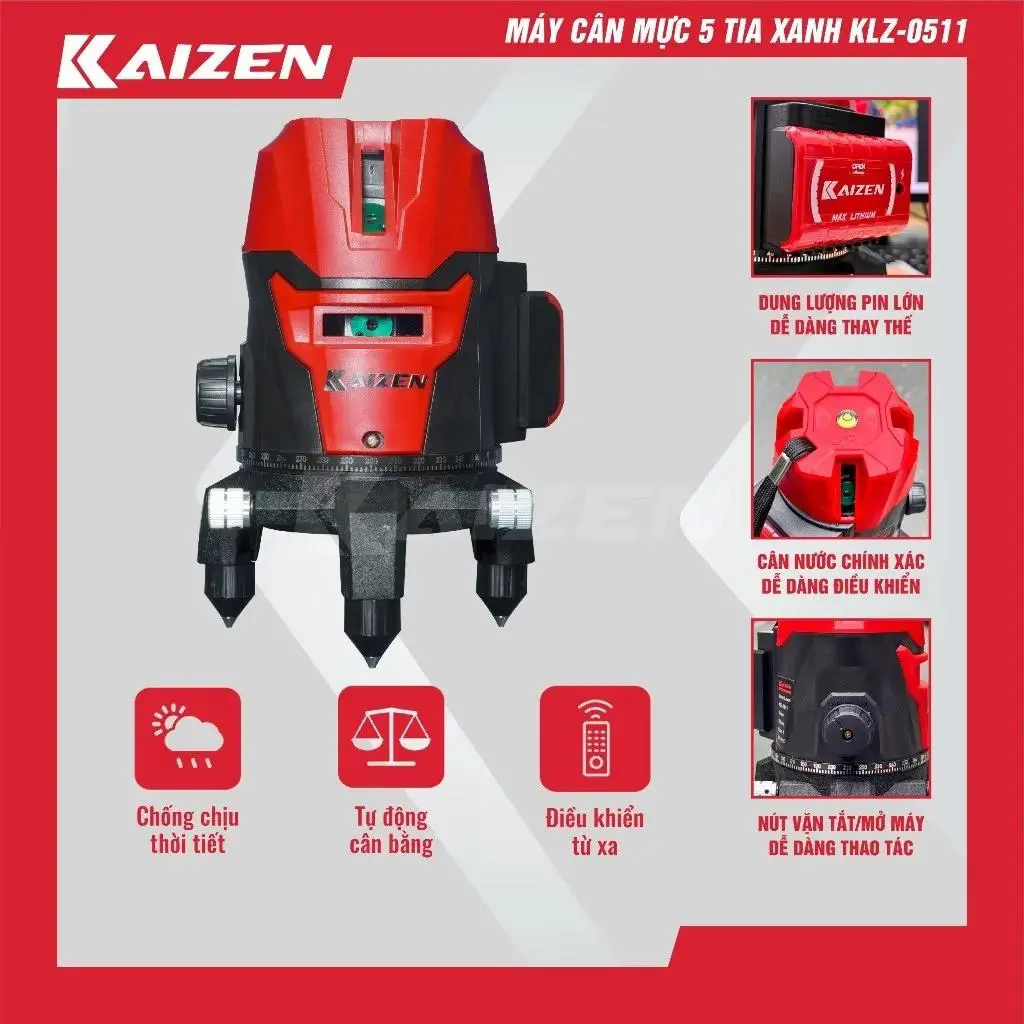 MÁY CÂN BẰNG LASER KAIZEN MÁY BẮN CỐT 5 TIA XANH LÁ KLZ-0511 CÓ REMOTE CHỈNH TIA ĐẬM NHẠT PHẠM VI LÀM VIỆC 50 ĐẾN 100M SAI SỐ ± 1MM PHẠM VI 7M CHỐNG VA ĐẬP CHỐNG NƯỚC IPX54