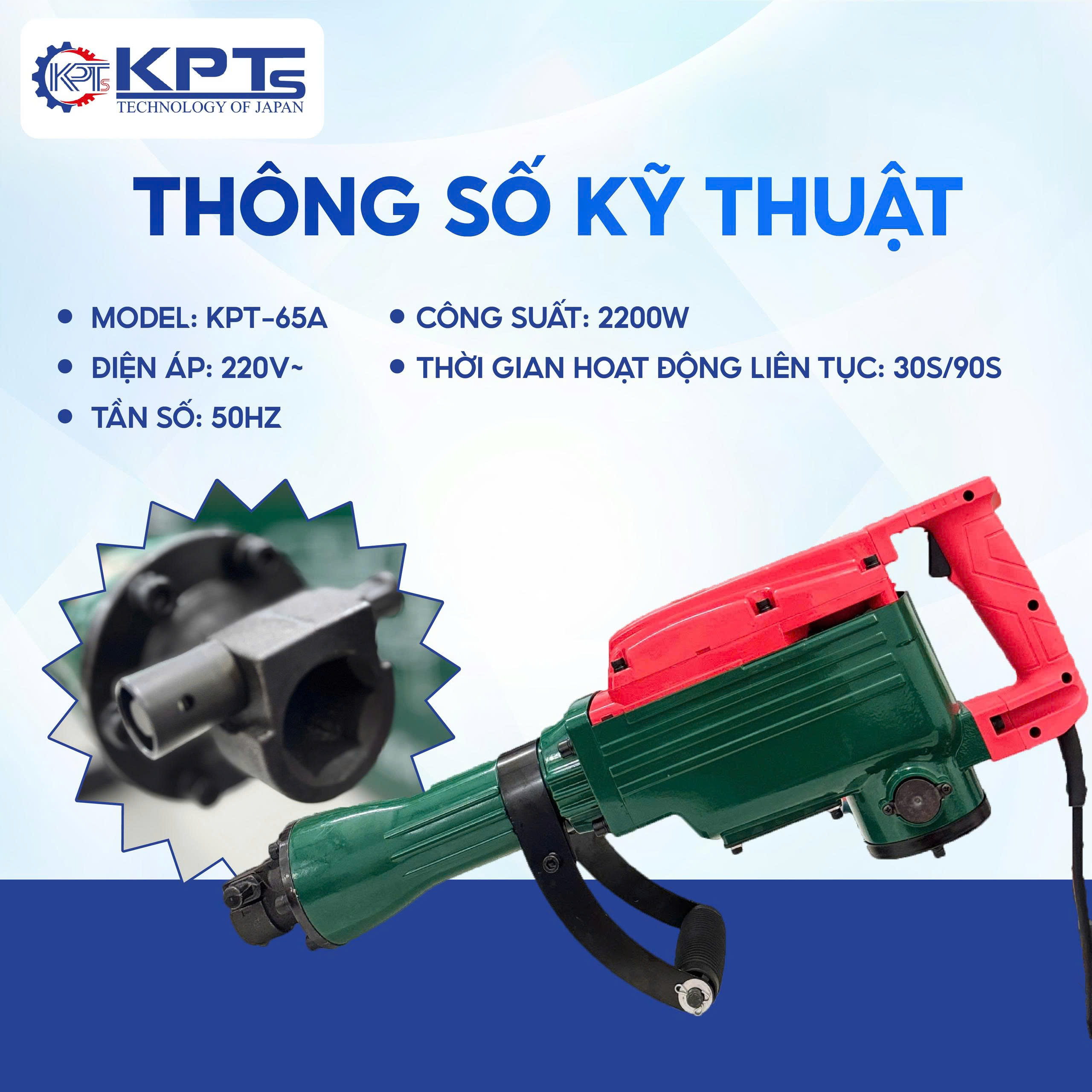 MÁY CHUYÊN ĐỤC KPTs KPT-65A TỐC ĐỘ 1400V/P CÔNG SUẤT 2200W-220V MŨI 32MM THỜI GIAN LÀM VIỆC TỐI ƯU 30/90S KÈM 2 MŨI CHÂN LỤC GIÁC NHỌN DẸT