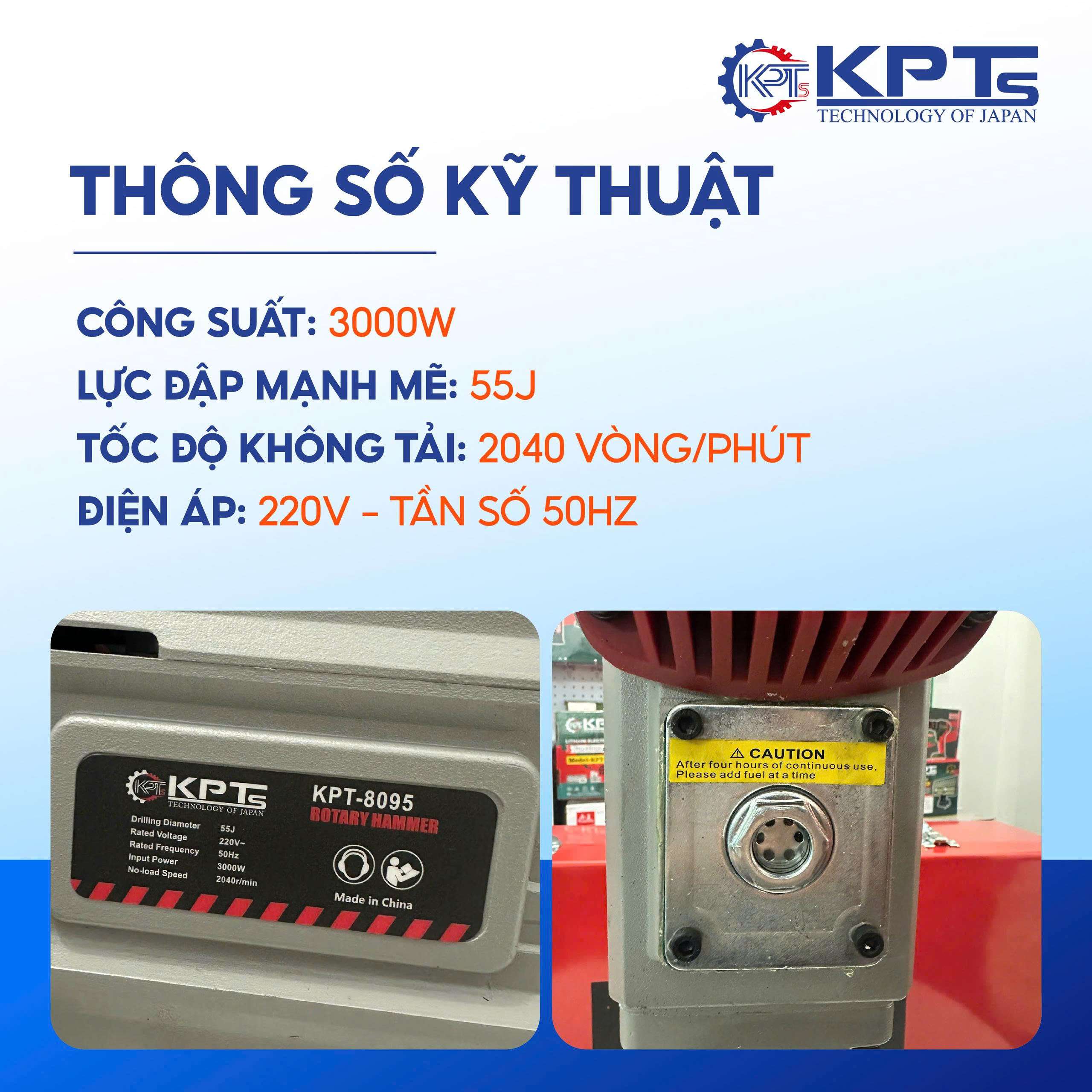 MÁY CHUYÊN ĐỤC KPTs KPT-95A TỐC ĐỘ 2040V/P CÔNG SUẤT 3000W-220V MŨI 32MM THỜI GIAN LÀM VIỆC TỐI ƯU 30/90S KÈM 2 MŨI CHÂN LỤC GIÁC NHỌN DẸT