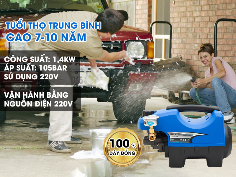 MÁY RỬA XE 1500W-220V CÓ CHỈNH ÁP LUCKY APW –HL-70A ÁP LỰC 70 ĐẾN 105 BAR LƯU LƯỢNG 6 L/P NHỎ GỌN TIỆN LỢI CHO VIỆC VỆ SINH NHÀ CỬA SÂN VƯỜN XE CỘ PHÙ HỢP CHO GIA ĐÌNH