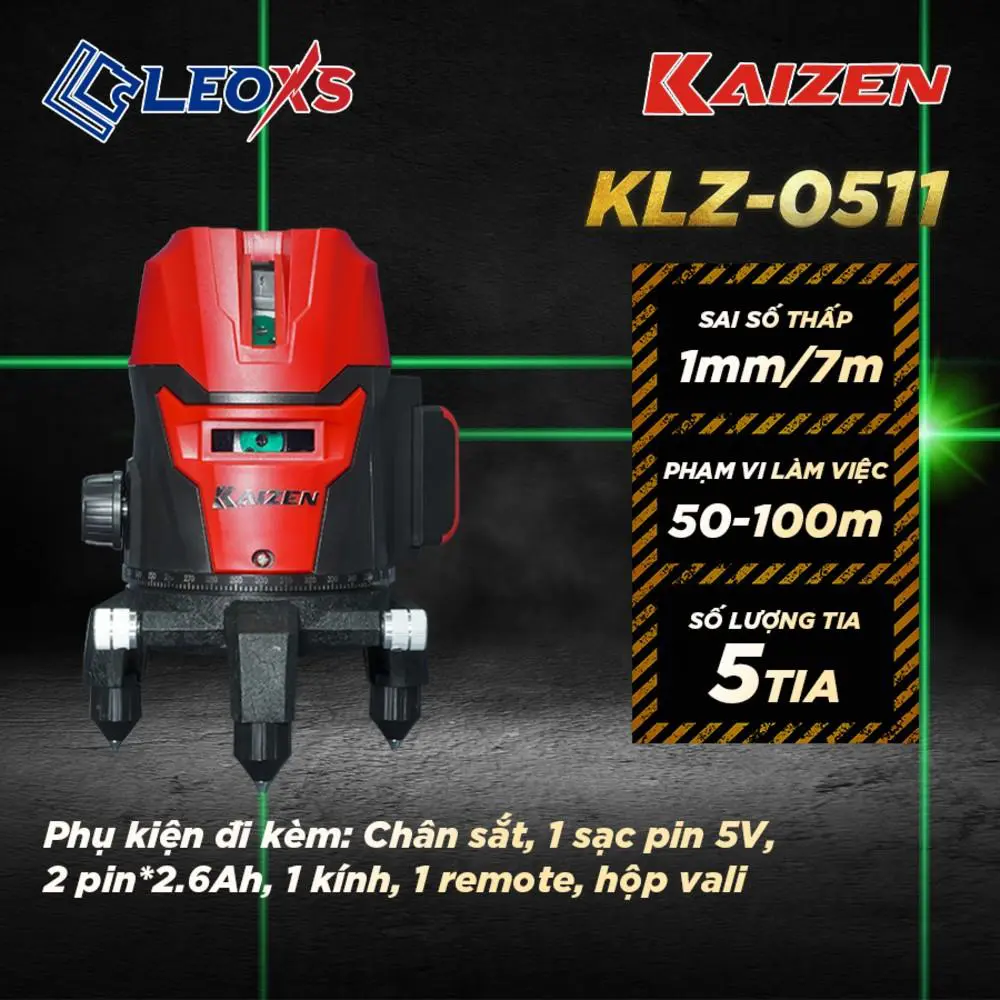 MÁY CÂN BẰNG LASER KAIZEN MÁY BẮN CỐT 5 TIA XANH LÁ KLZ-0511 CÓ REMOTE CHỈNH TIA ĐẬM NHẠT PHẠM VI LÀM VIỆC 50 ĐẾN 100M SAI SỐ ± 1MM PHẠM VI 7M CHỐNG VA ĐẬP CHỐNG NƯỚC IPX54