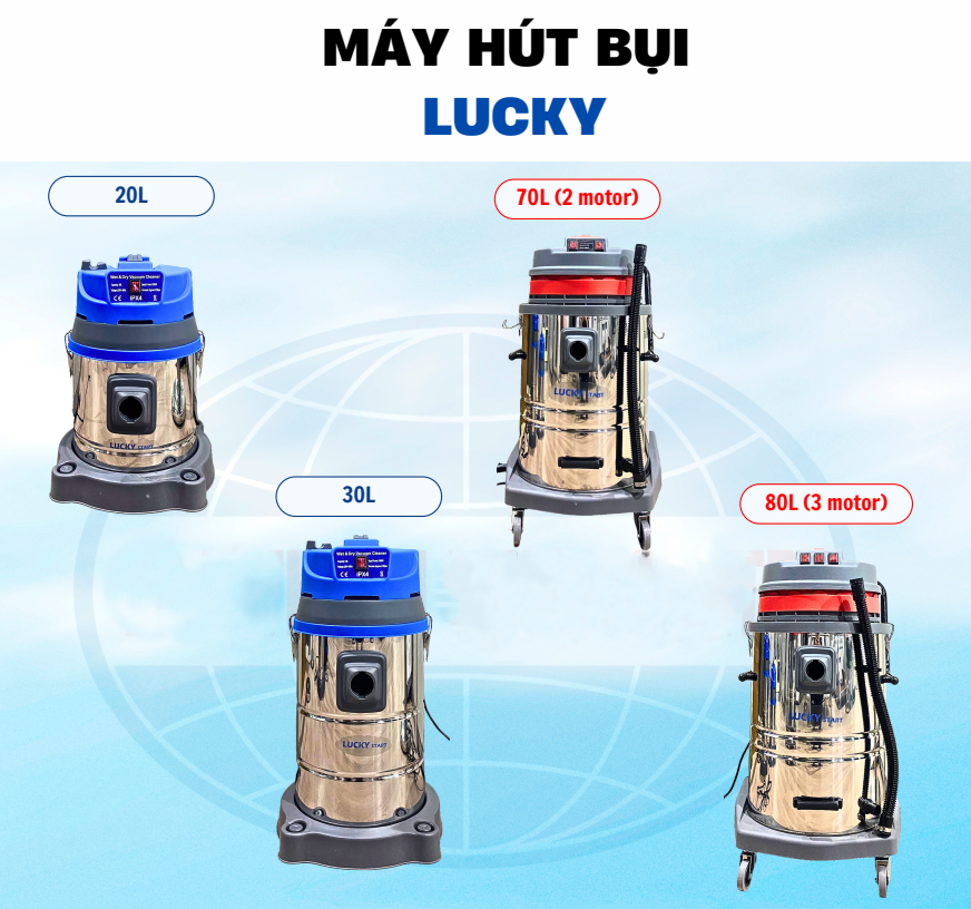 MÁY HÚT BỤI LUCKY START CC-20L 1500W-220V LƯU LƯỢNG 53L/S DUNG TÍCH BÌNH 20L LỰC HÚT CHÂN KHÔNG 200 MBAR THIẾT KẾ GỌN NHẸ PHÙ HỢP TIỆM RỬA XE NHỎ VĂN PHÒNG GIA ĐÌNH LỰC HÚT MẠNH MẼ
