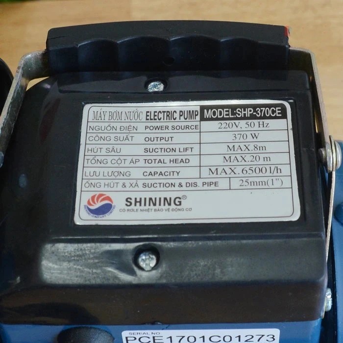 MÁY BƠM NƯỚC LY TÂM SHINING SHP-370CE HÚT XẢ 25/25 LƯU LƯỢNG 100L/MIN CÁNH PPO CỐT HỢP KIM BƠM TƯỚI VƯỜN